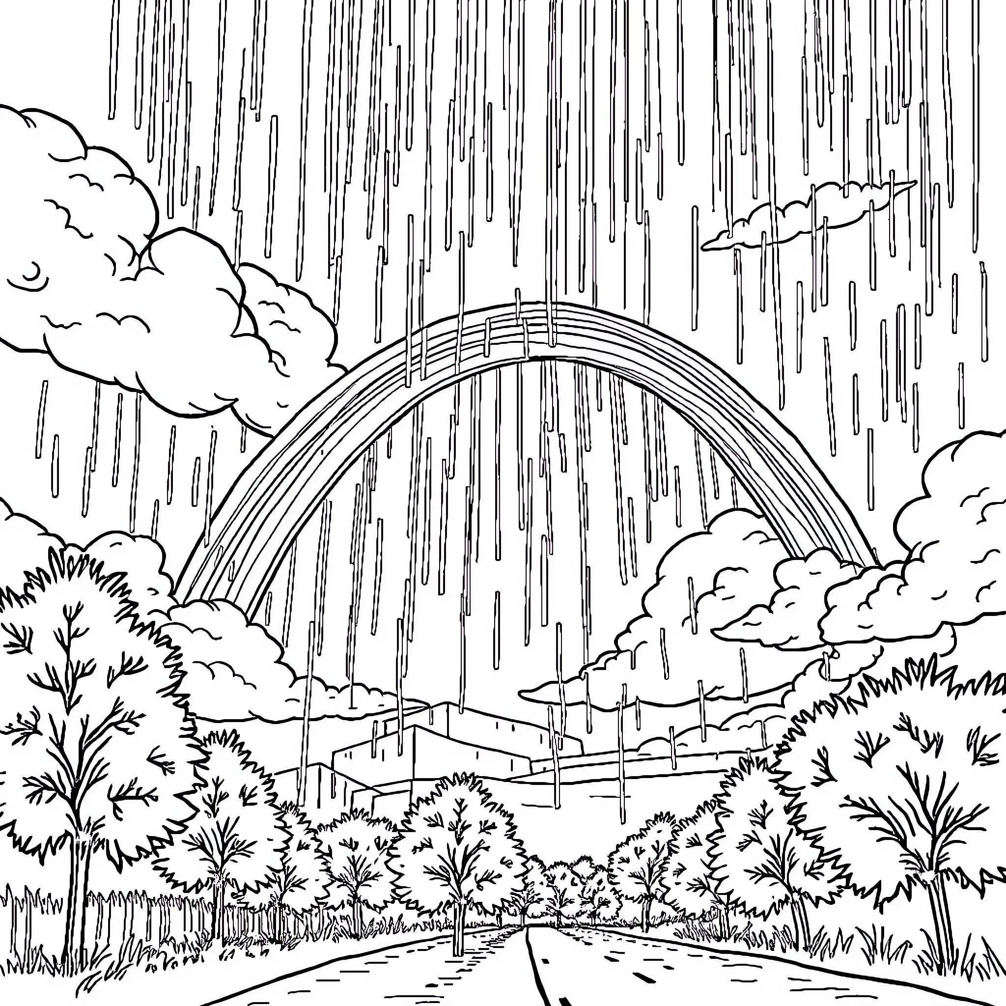 Arc of Tranquility in the Rainy Landscape Coloring Page (free black-and-white line drawing printable PDF for all, from beginners to advanced learners, including children, teens, adults, and seniors)