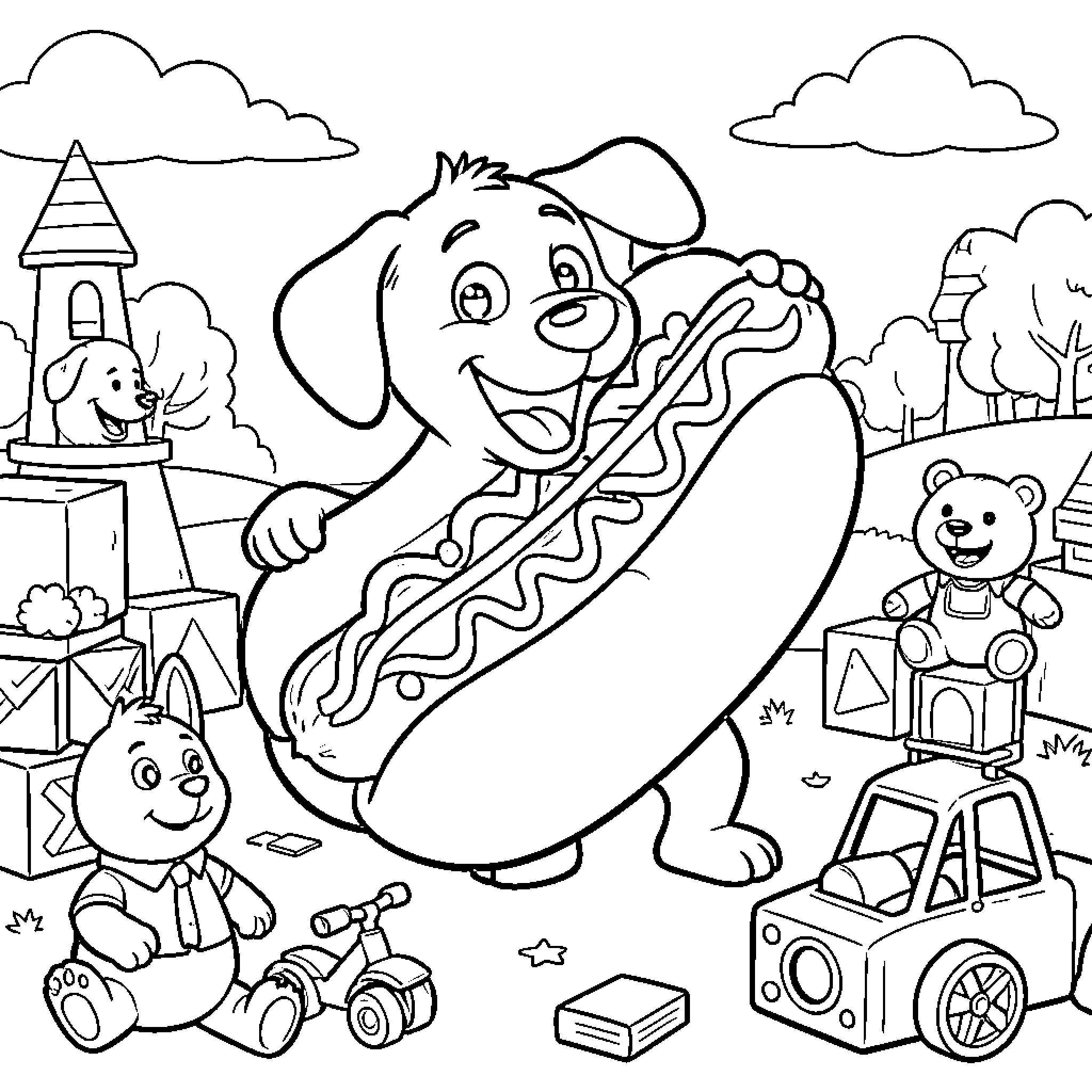 Dog eating hot dog with friends at playground Coloring Page (free black-and-white line drawing printable PDF for all, from beginners to advanced learners, including children, teens, adults, and seniors)