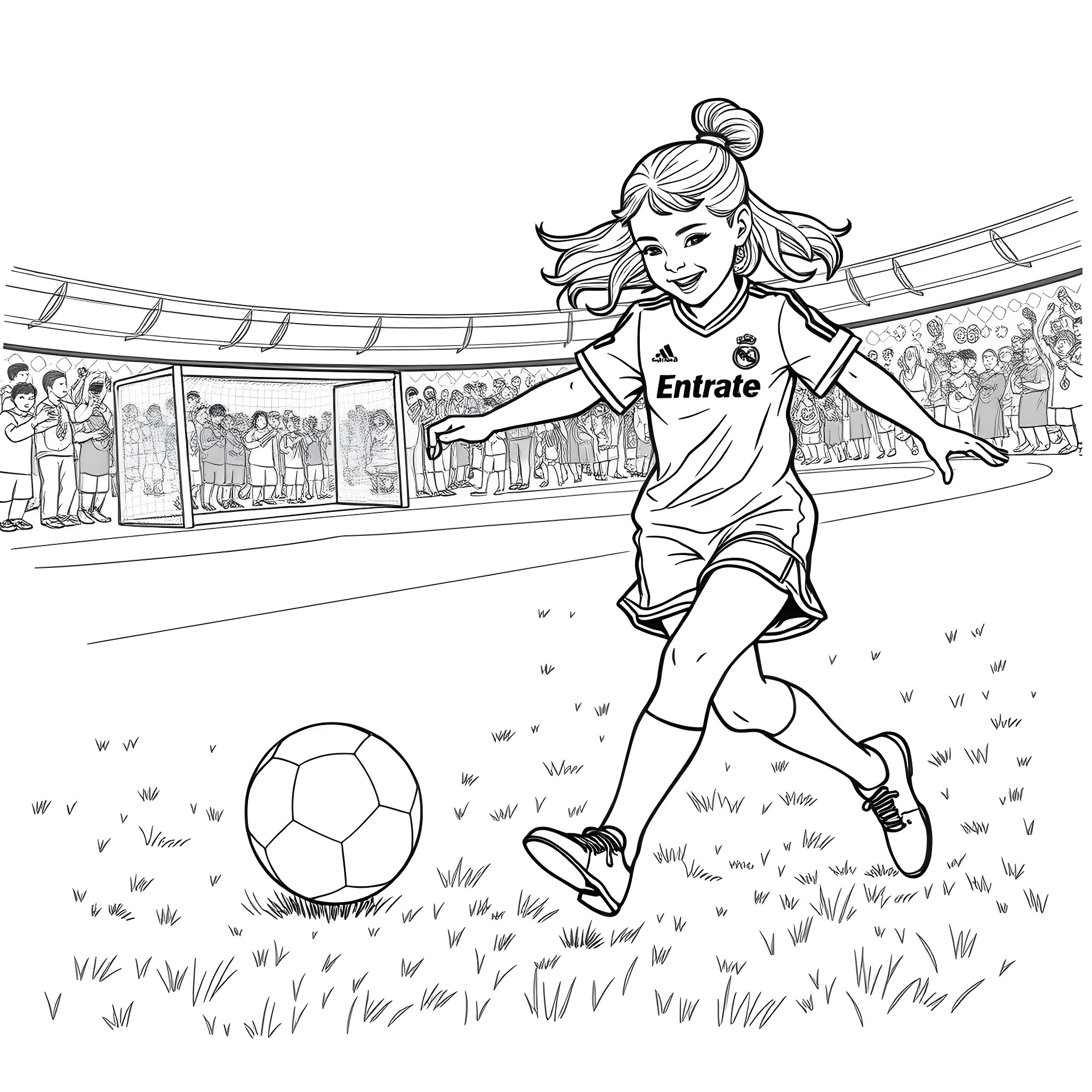 Football Girl Enjoys Kicking Ball on Field Coloring Page (free black-and-white line drawing printable PDF for all, from beginners to advanced learners, including children, teens, adults, and seniors)