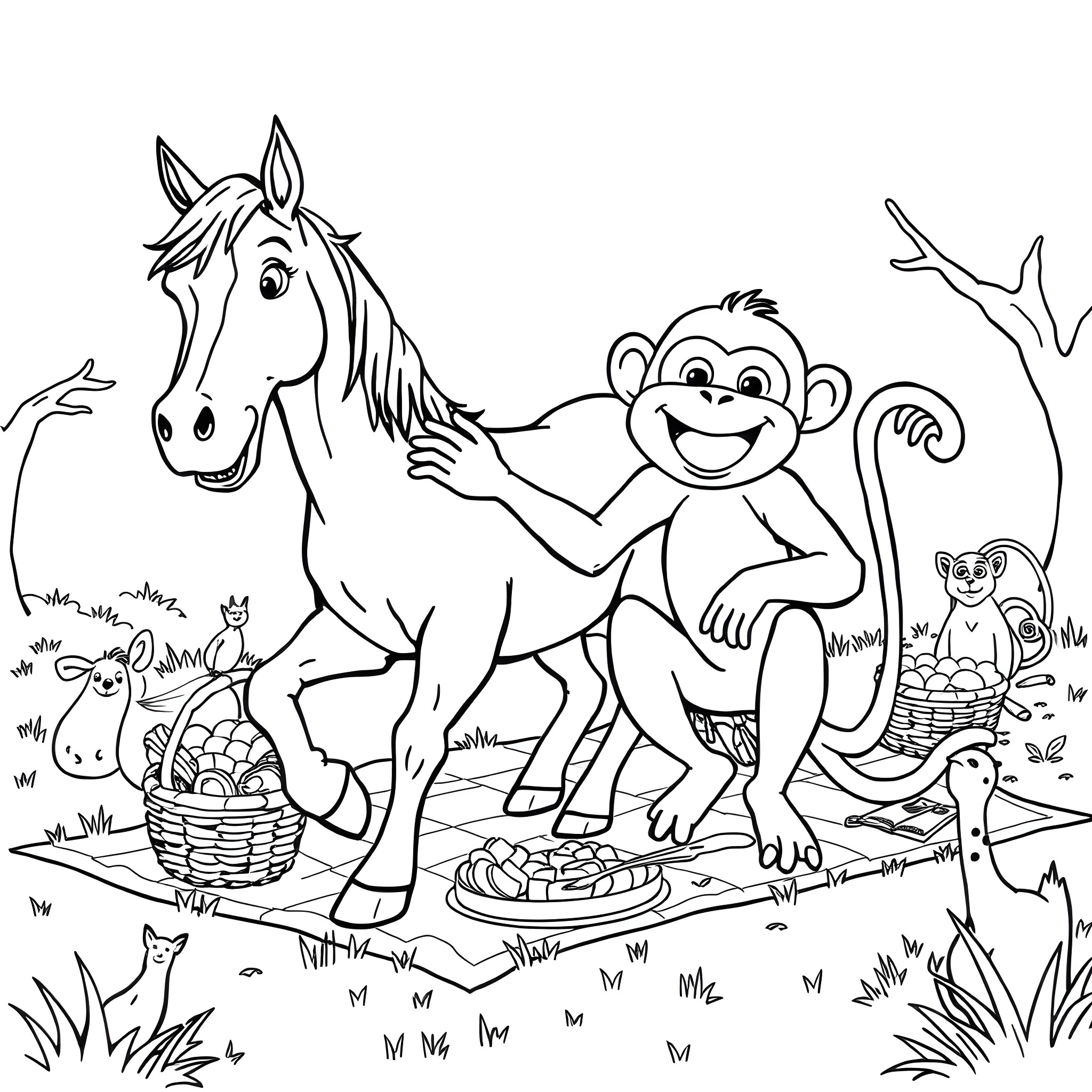 Horse and Happy Monkey in Friendly Outdoor Scene Coloring Page (free black-and-white line drawing printable PDF for all, from beginners to advanced learners, including children, teens, adults, and seniors)