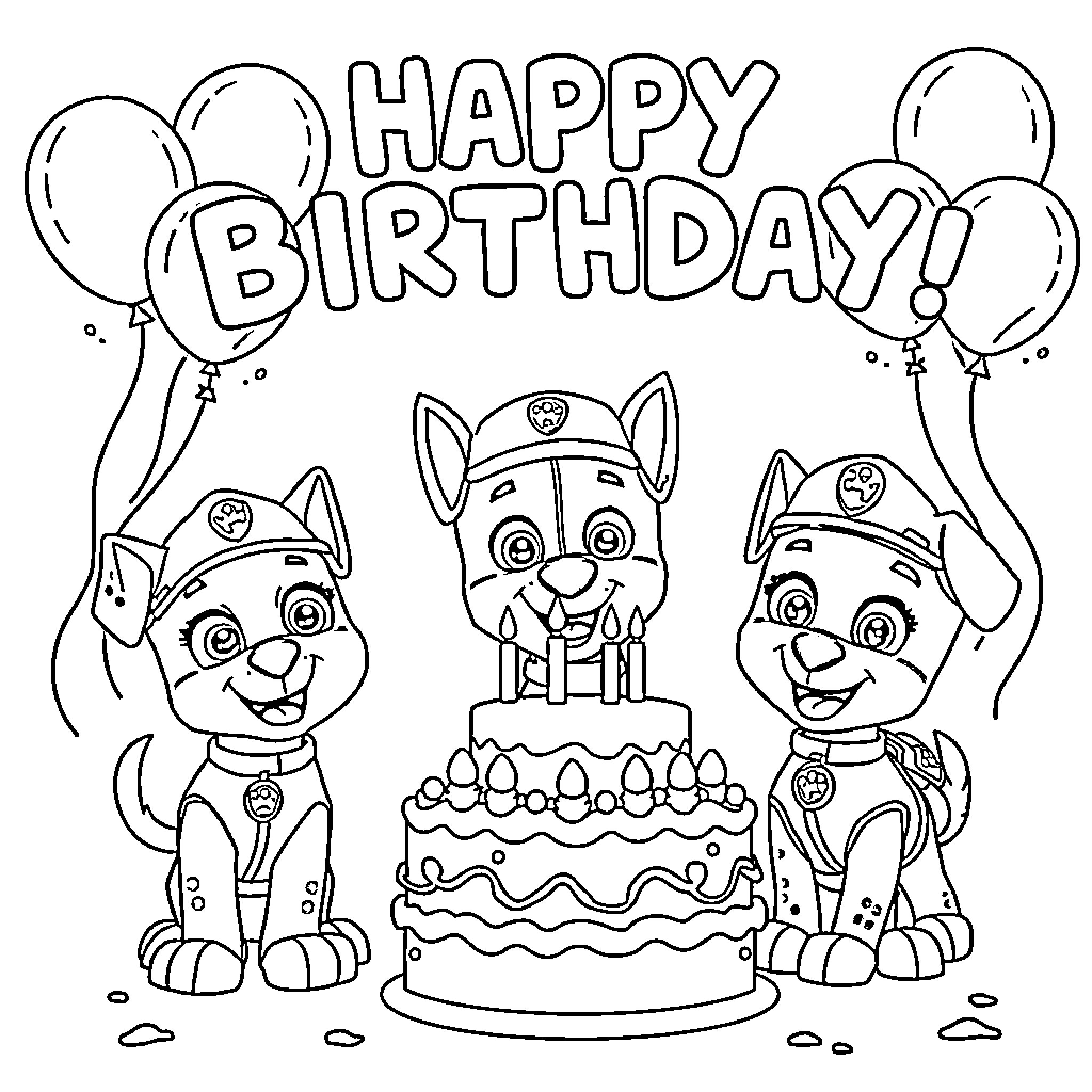Paw Patrol Puppies Celebrate Happy Birthday with Cake and Balloons Coloring Page (free black-and-white line drawing printable PDF for all, from beginners to advanced learners, including children, teens, adults, and seniors)