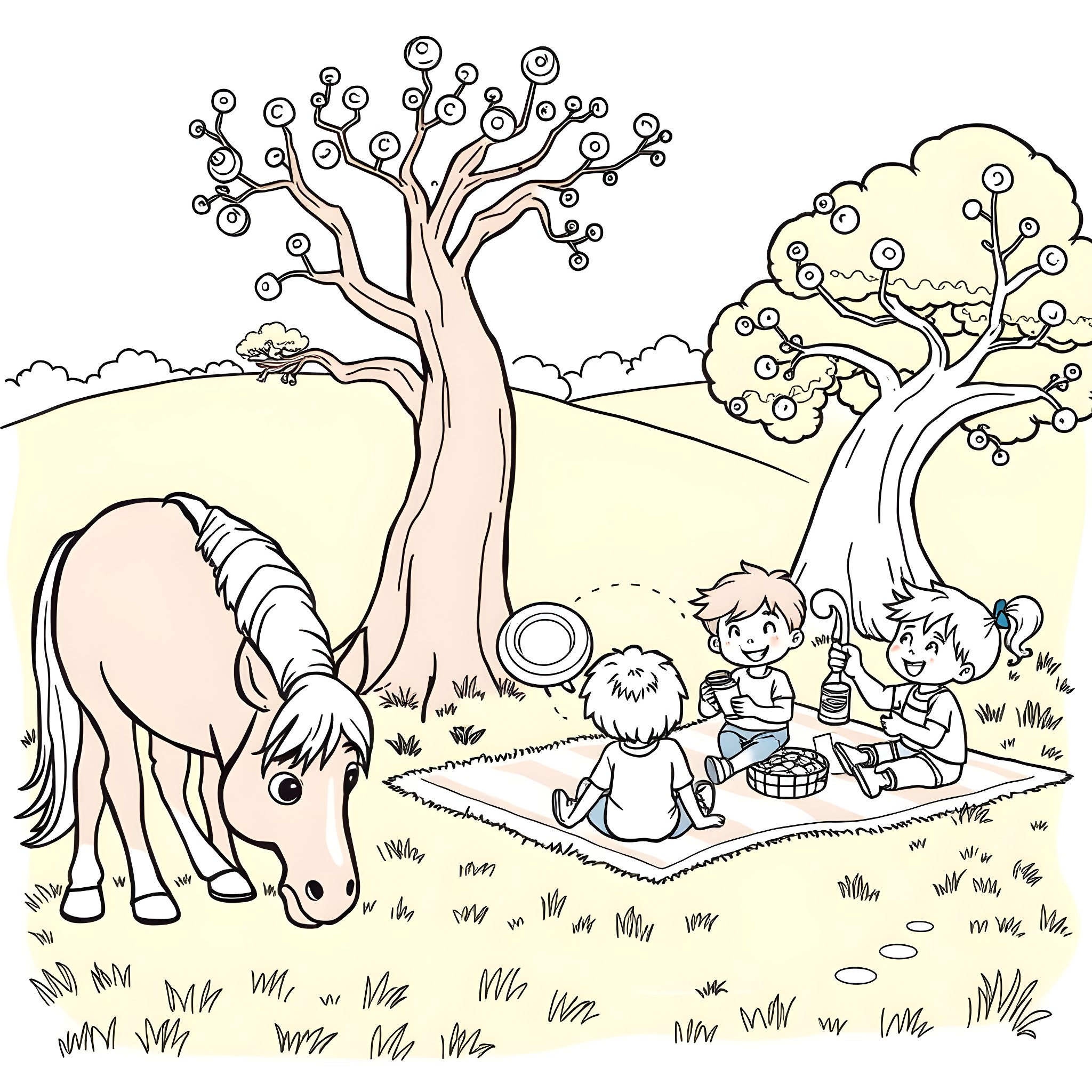 Horse and children enjoying picnic in natural setting Coloring Page (free black-and-white line drawing printable PDF for all, from beginners to advanced learners, including children, teens, adults, and seniors)