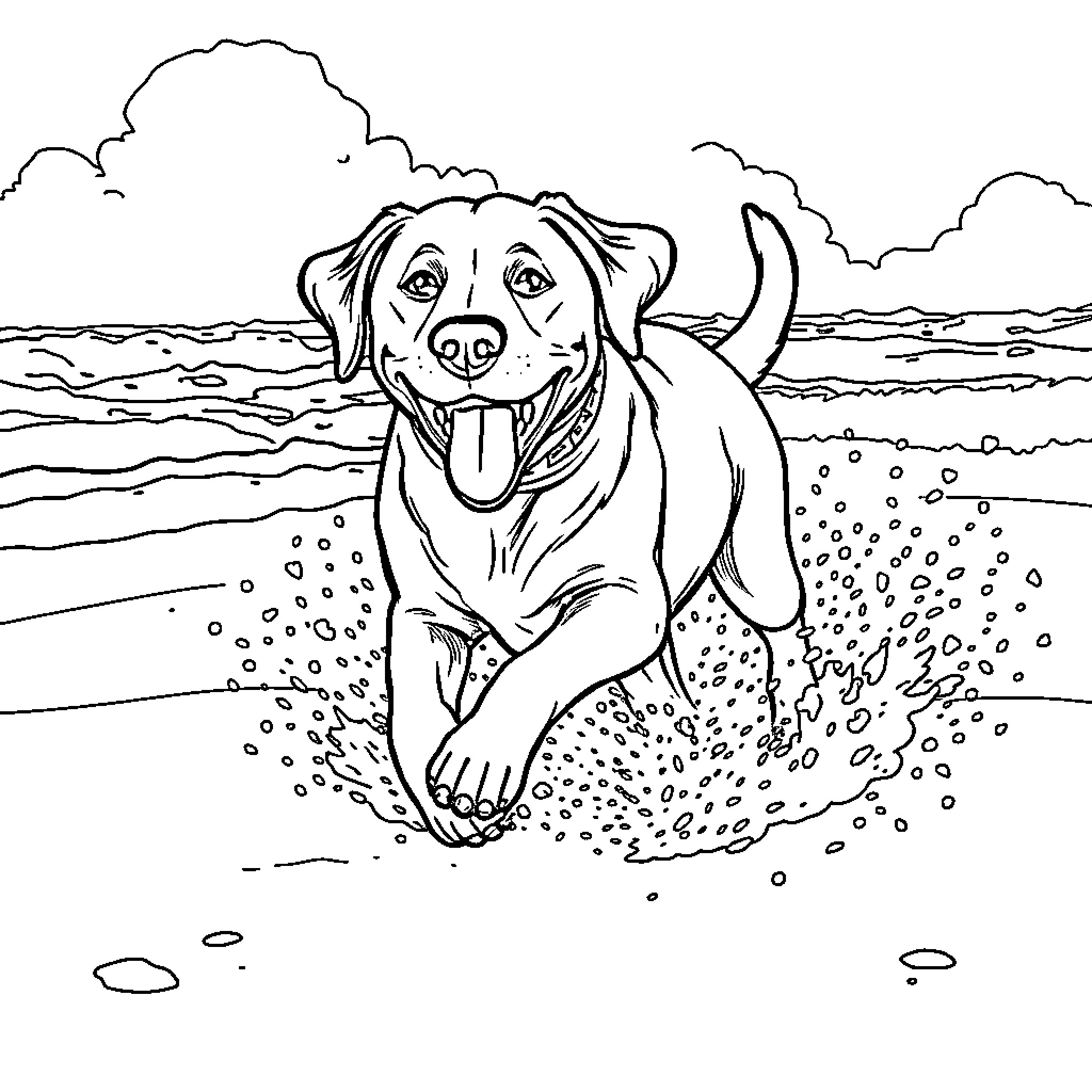Labrador playing joyfully on the beach Coloring Page (free black-and-white line drawing printable PDF for all, from beginners to advanced learners, including children, teens, adults, and seniors)