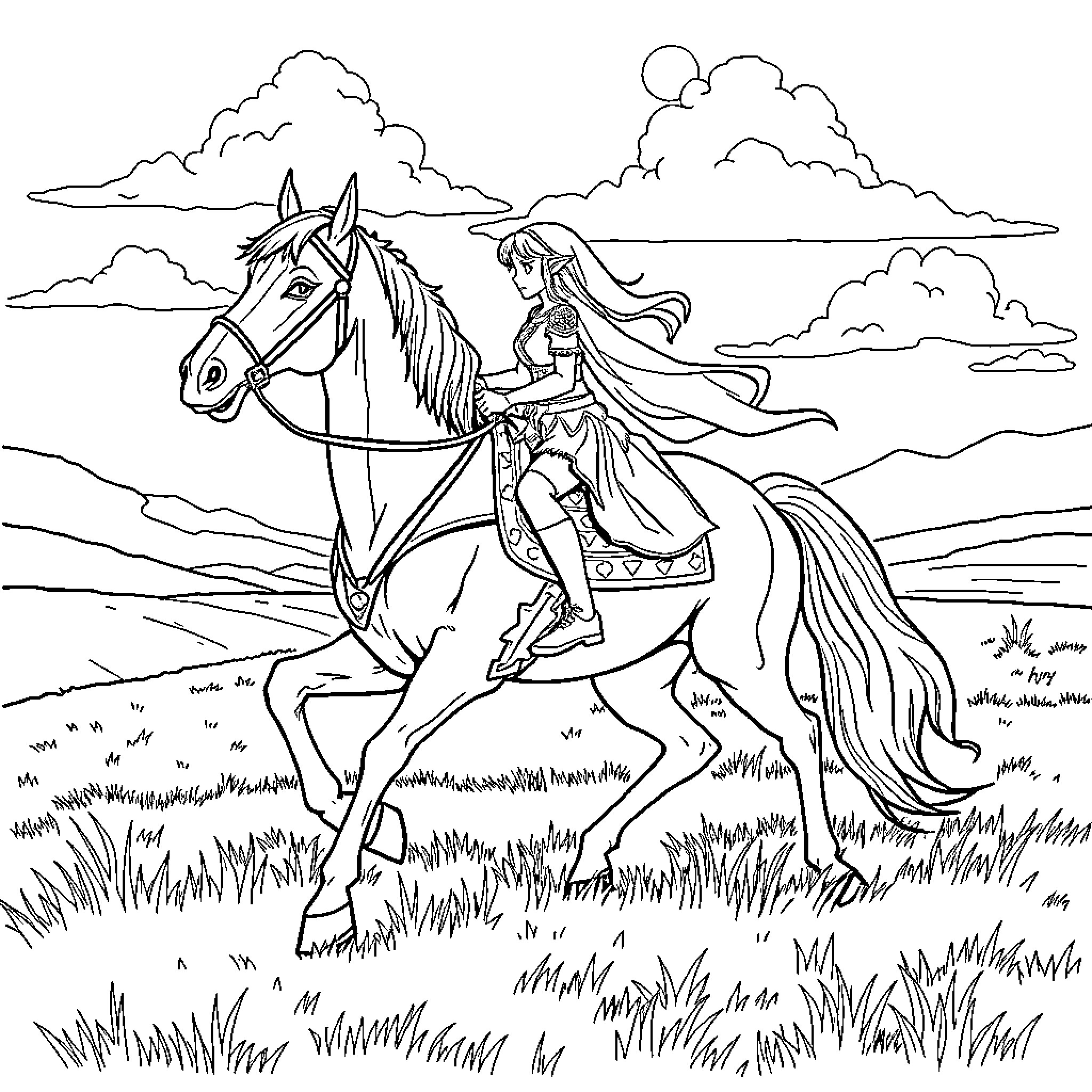 Zelda riding a horse through a grassy field Coloring Page (free black-and-white line drawing printable PDF for all, from beginners to advanced learners, including children, teens, adults, and seniors)