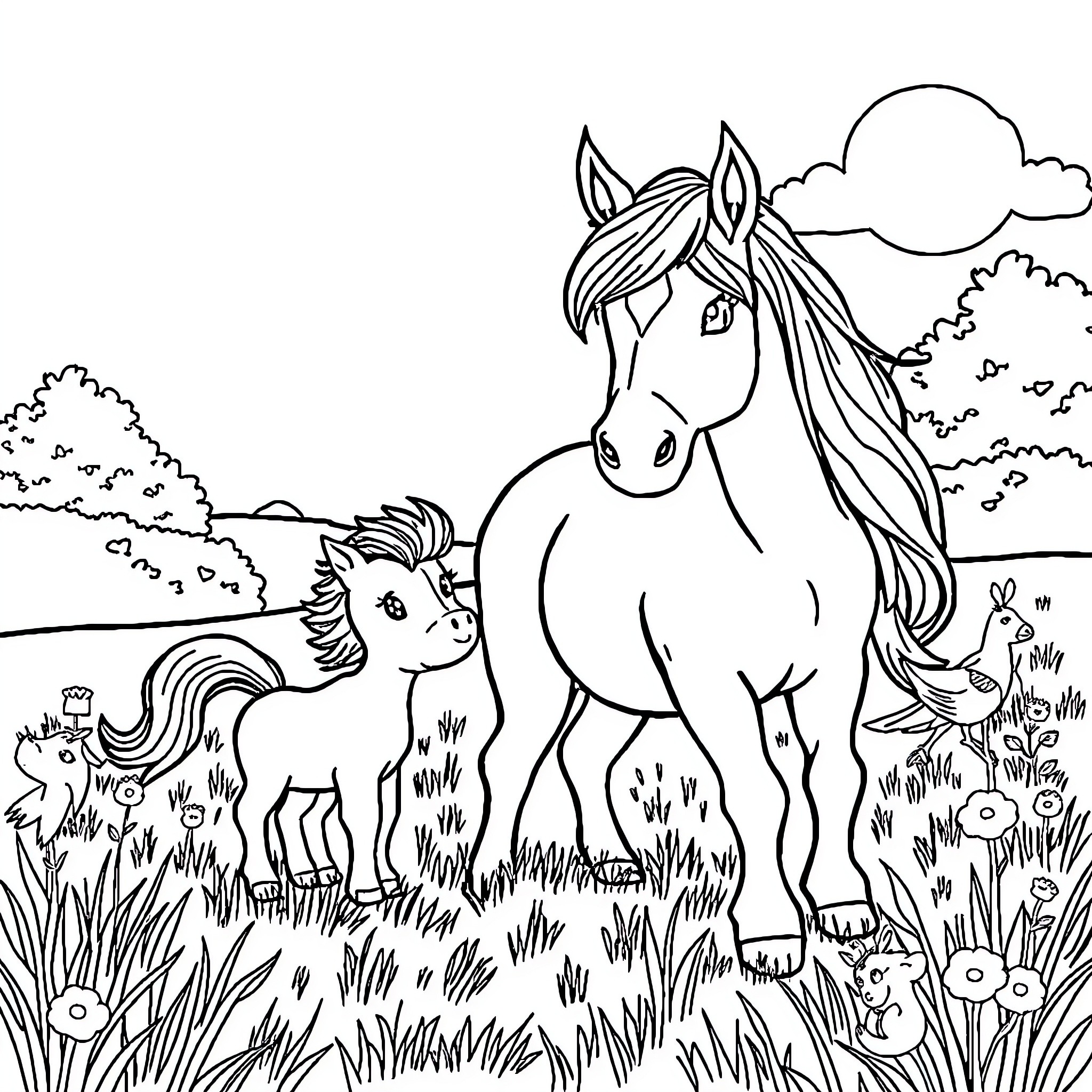 Foal and Horse Exploring Meadow with Animals Coloring Page (free black-and-white line drawing printable PDF for all, from beginners to advanced learners, including children, teens, adults, and seniors)
