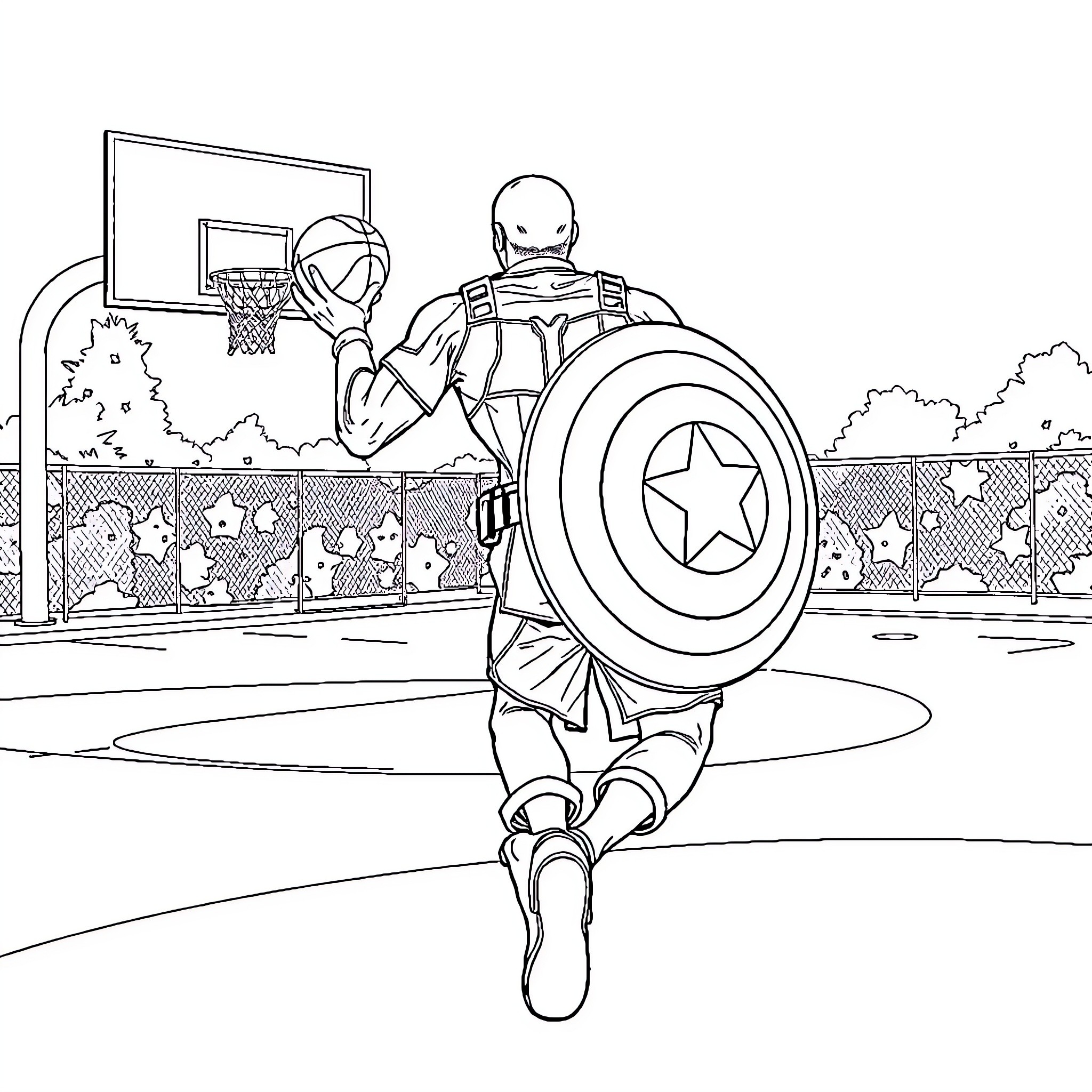 Captain America Plays Basketball in the Park Coloring Page (free black-and-white line drawing printable PDF for all, from beginners to advanced learners, including children, teens, adults, and seniors)