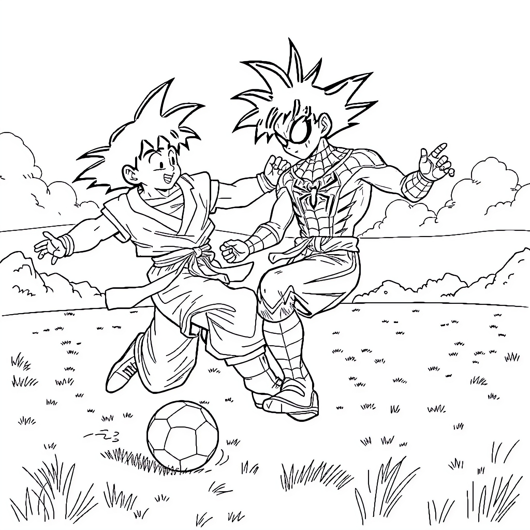 Goku and Vegeta playing soccer in the field Coloring Page (free black-and-white line drawing printable PDF for all, from beginners to advanced learners, including children, teens, adults, and seniors)