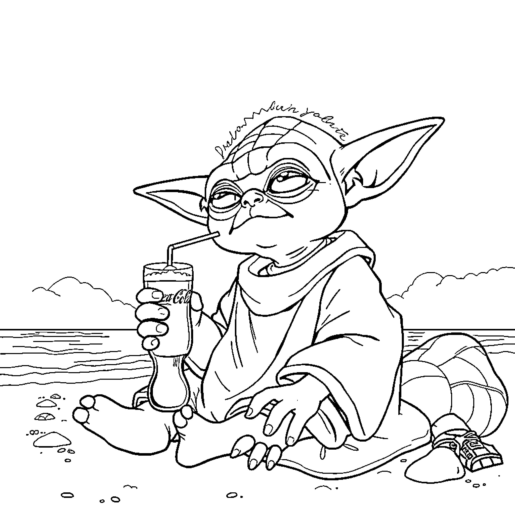 Yoda enjoying a refreshing drink on the beach Coloring Page (free black-and-white line drawing printable PDF for all, from beginners to advanced learners, including children, teens, adults, and seniors)
