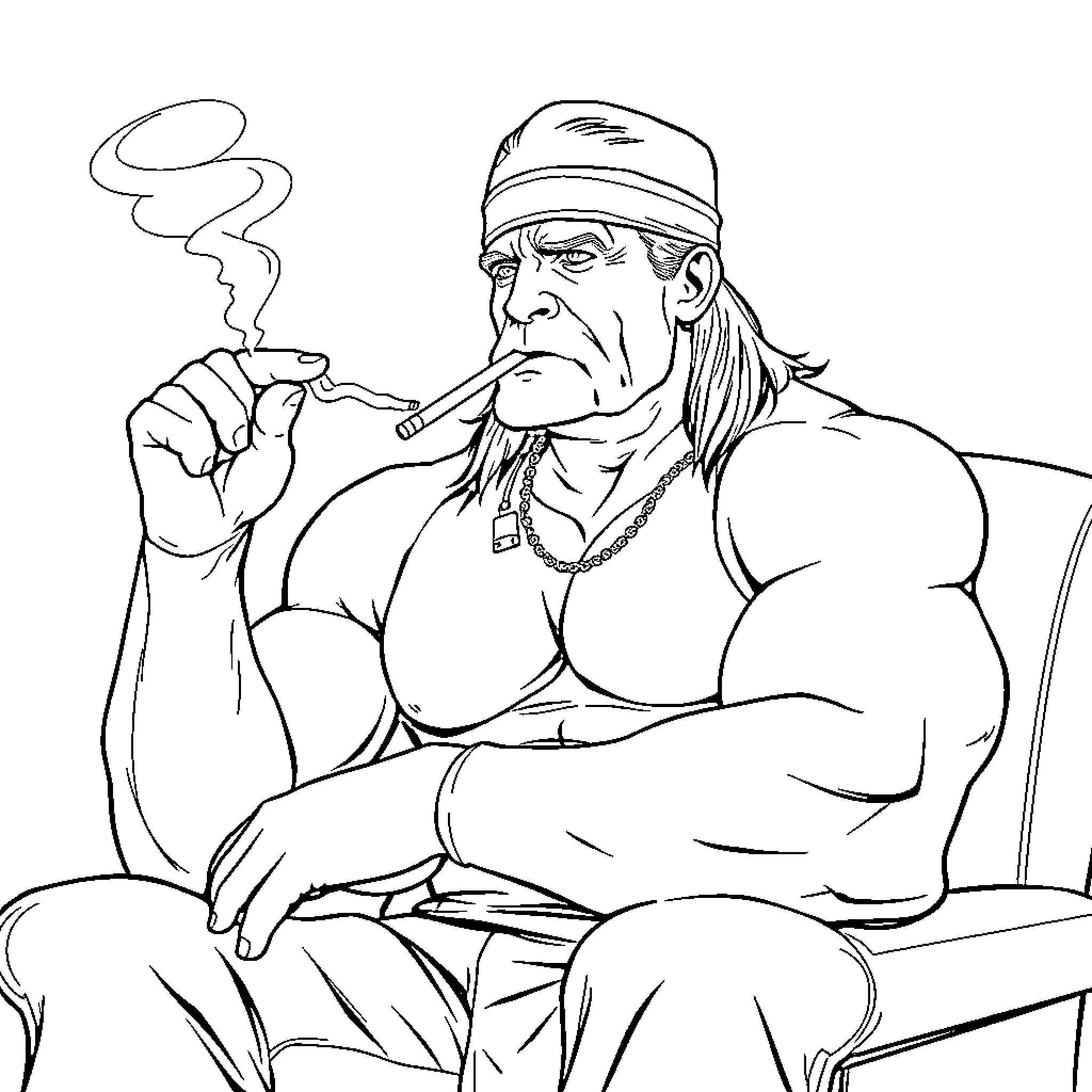 Hulk Hogan's intense contemplation while smoking a cigar Coloring Page (free black-and-white line drawing printable PDF for all, from beginners to advanced learners, including children, teens, adults, and seniors)