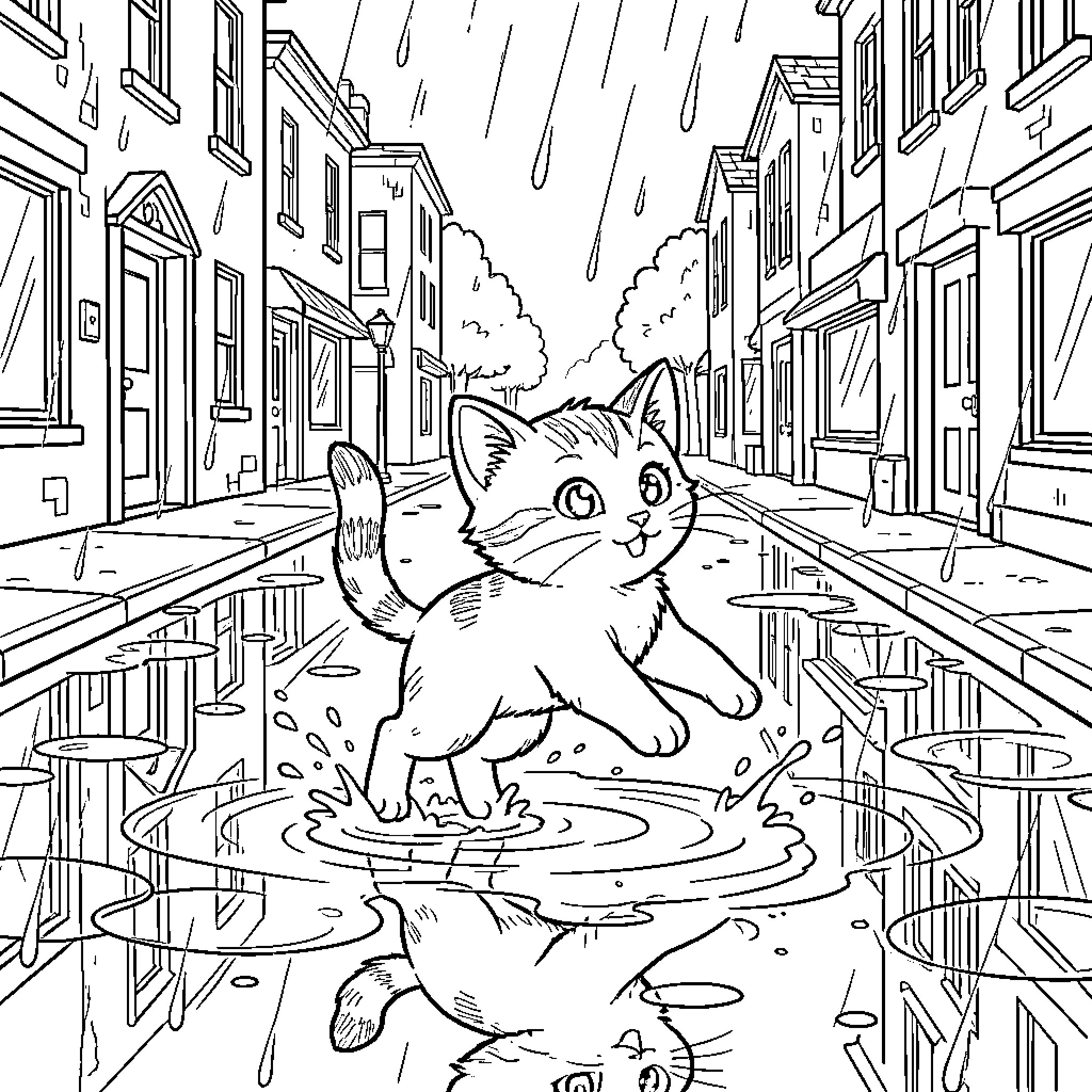 Cat enjoying rainy day on city street Coloring Page (free black-and-white line drawing printable PDF for all, from beginners to advanced learners, including children, teens, adults, and seniors)