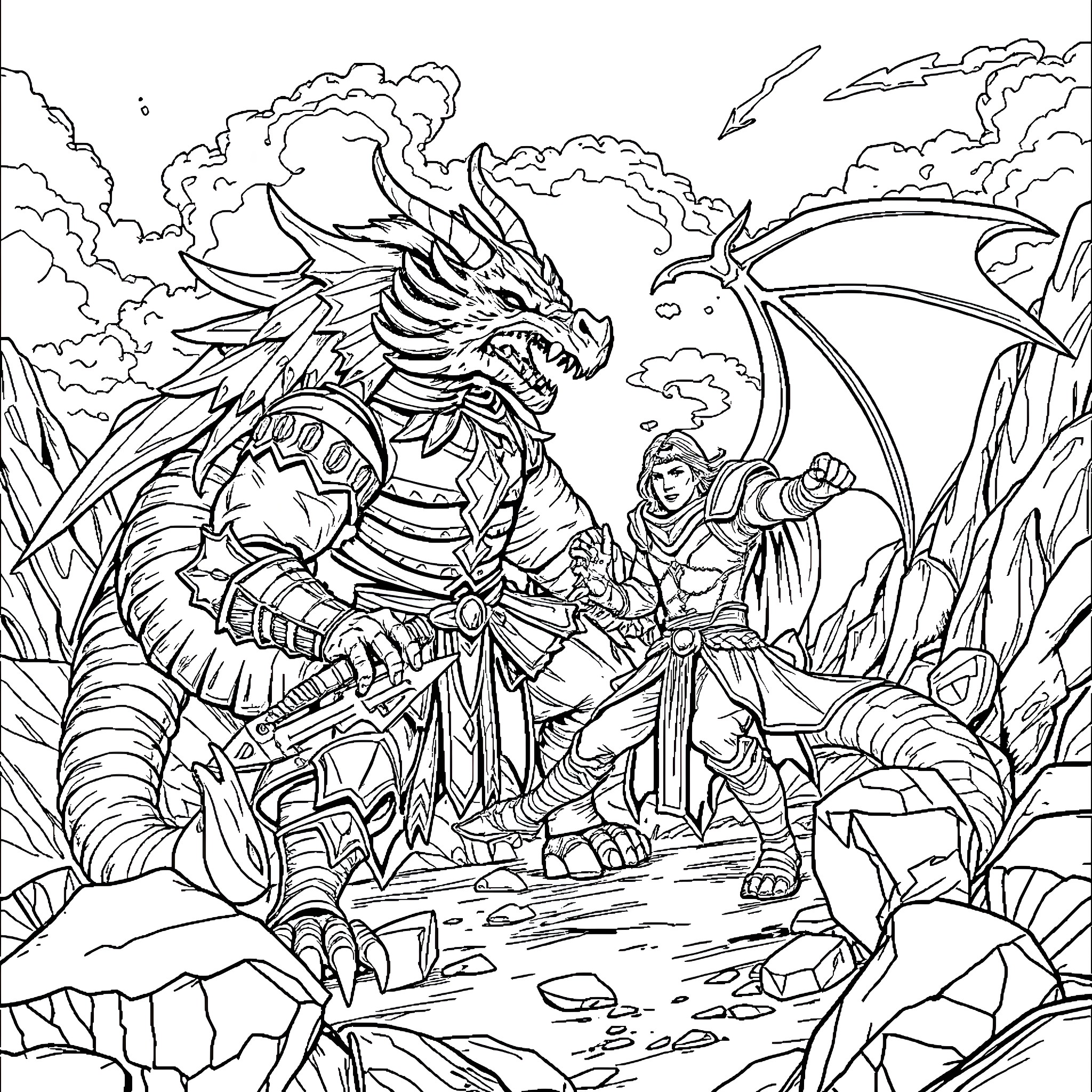 Dragon warrior confronting a fearsome dragon in the wilderness Coloring Page (free black-and-white line drawing printable PDF for all, from beginners to advanced learners, including children, teens, adults, and seniors)