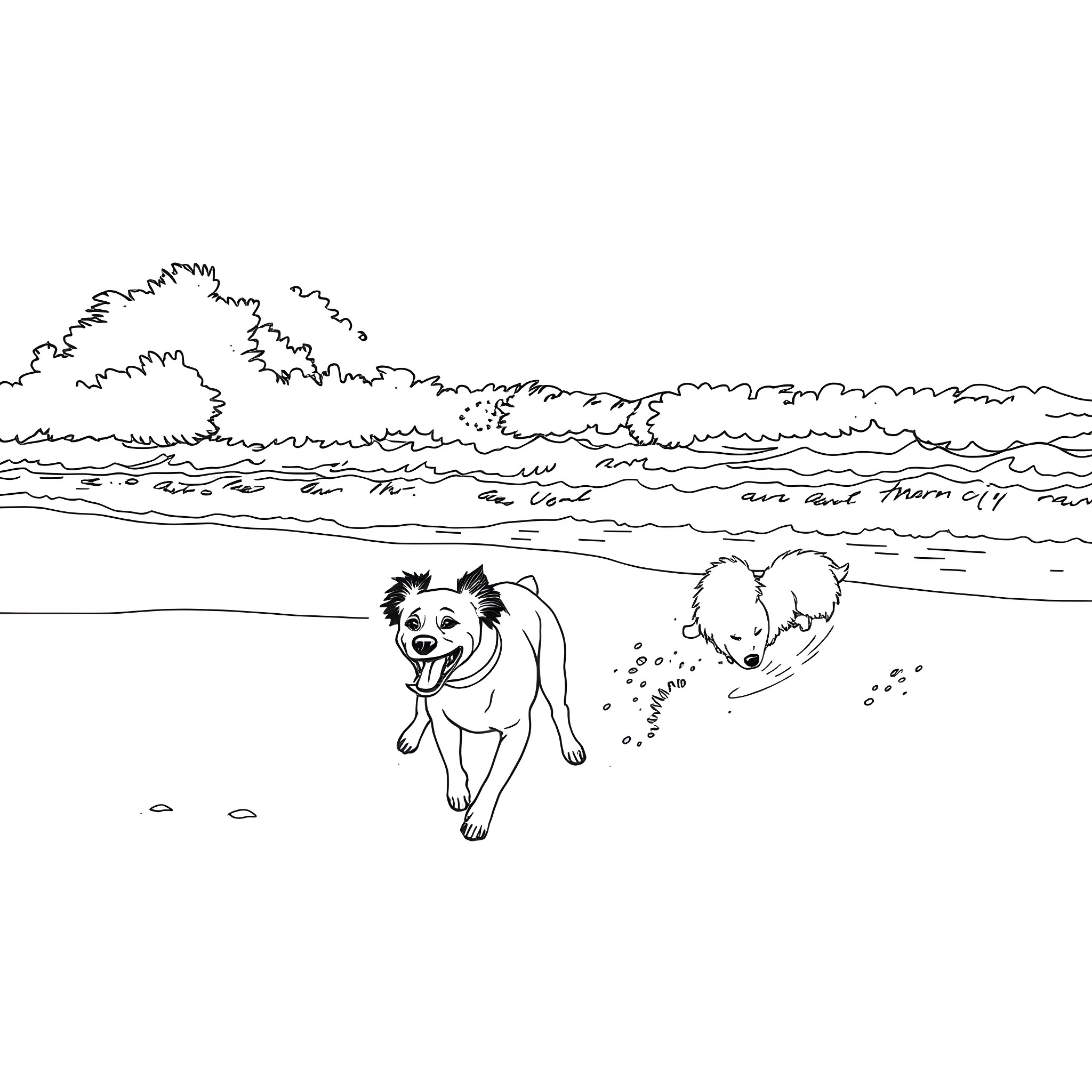 Model dogs playing happily on the beach Coloring Page (free black-and-white line drawing printable PDF for all, from beginners to advanced learners, including children, teens, adults, and seniors)