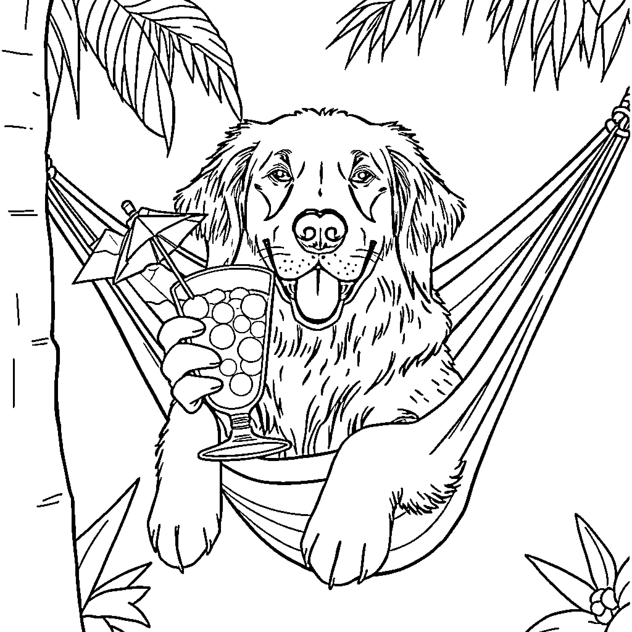 Retriever relaxing in a hammock with a tropical drink Coloring Page (free black-and-white line drawing printable PDF for all, from beginners to advanced learners, including children, teens, adults, and seniors)