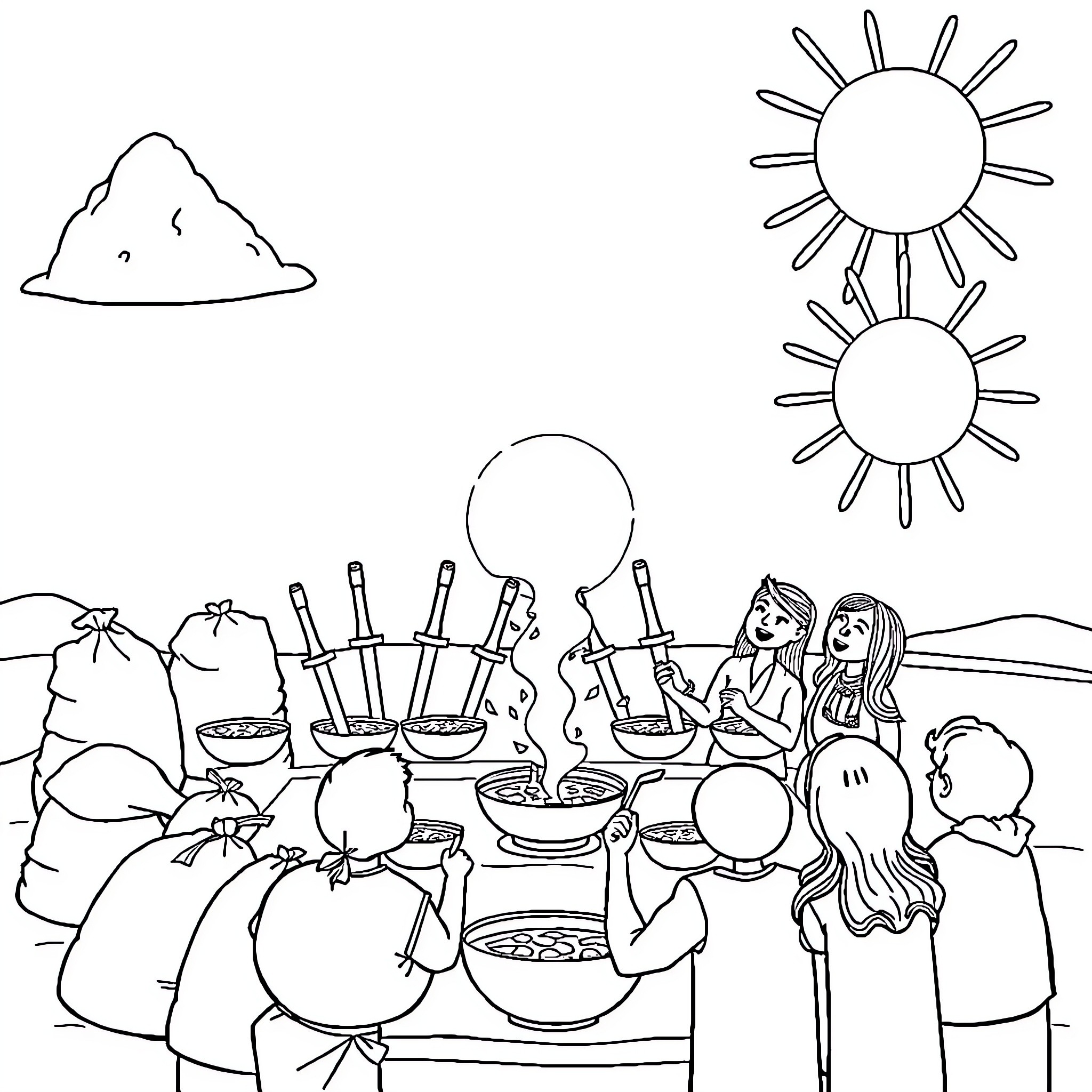 Sand fun with friends and family gathering Coloring Page (free black-and-white line drawing printable PDF for all, from beginners to advanced learners, including children, teens, adults, and seniors)