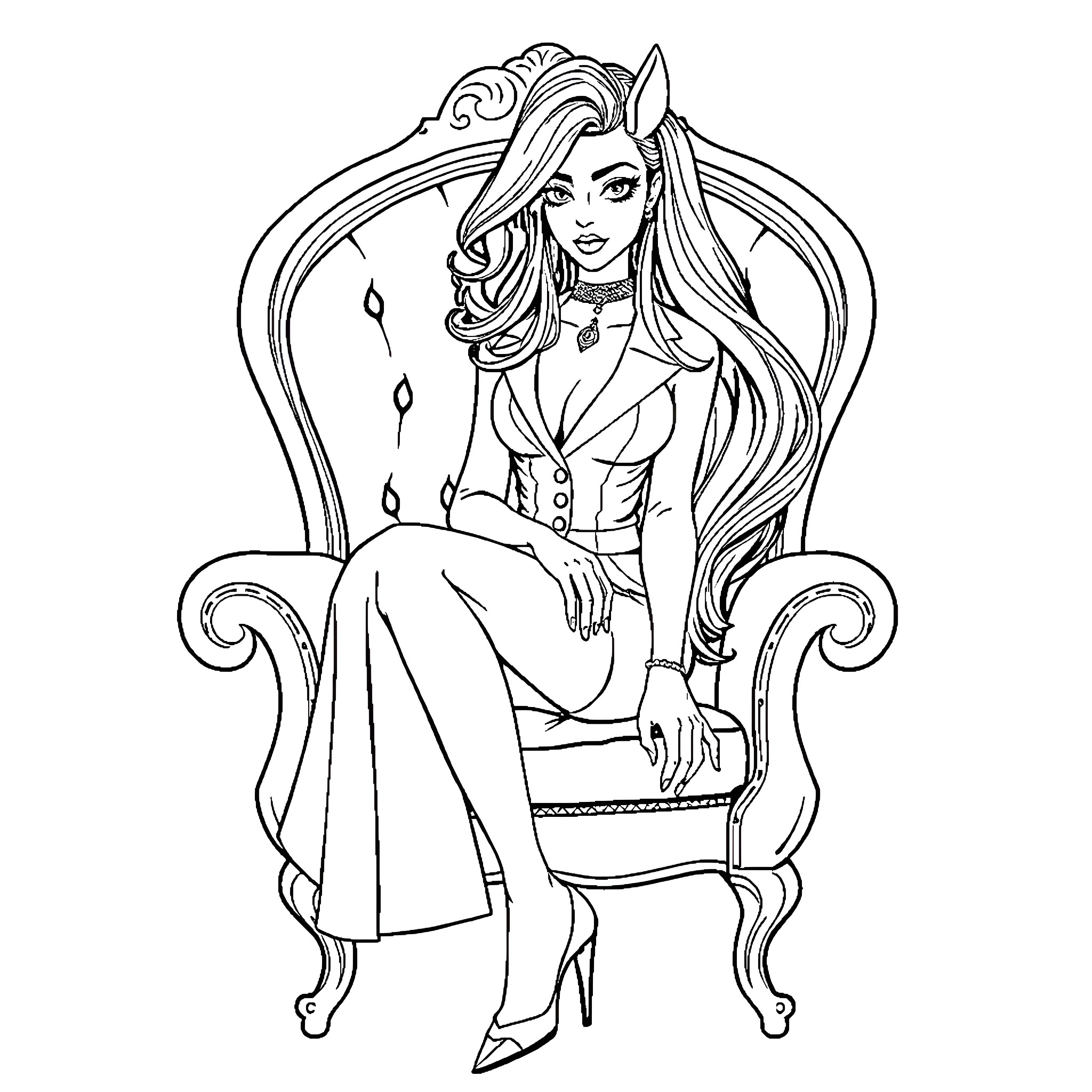 Celestia Ludenberg sitting on an ornate throne Coloring Page (free black-and-white line drawing printable PDF for all, from beginners to advanced learners, including children, teens, adults, and seniors)