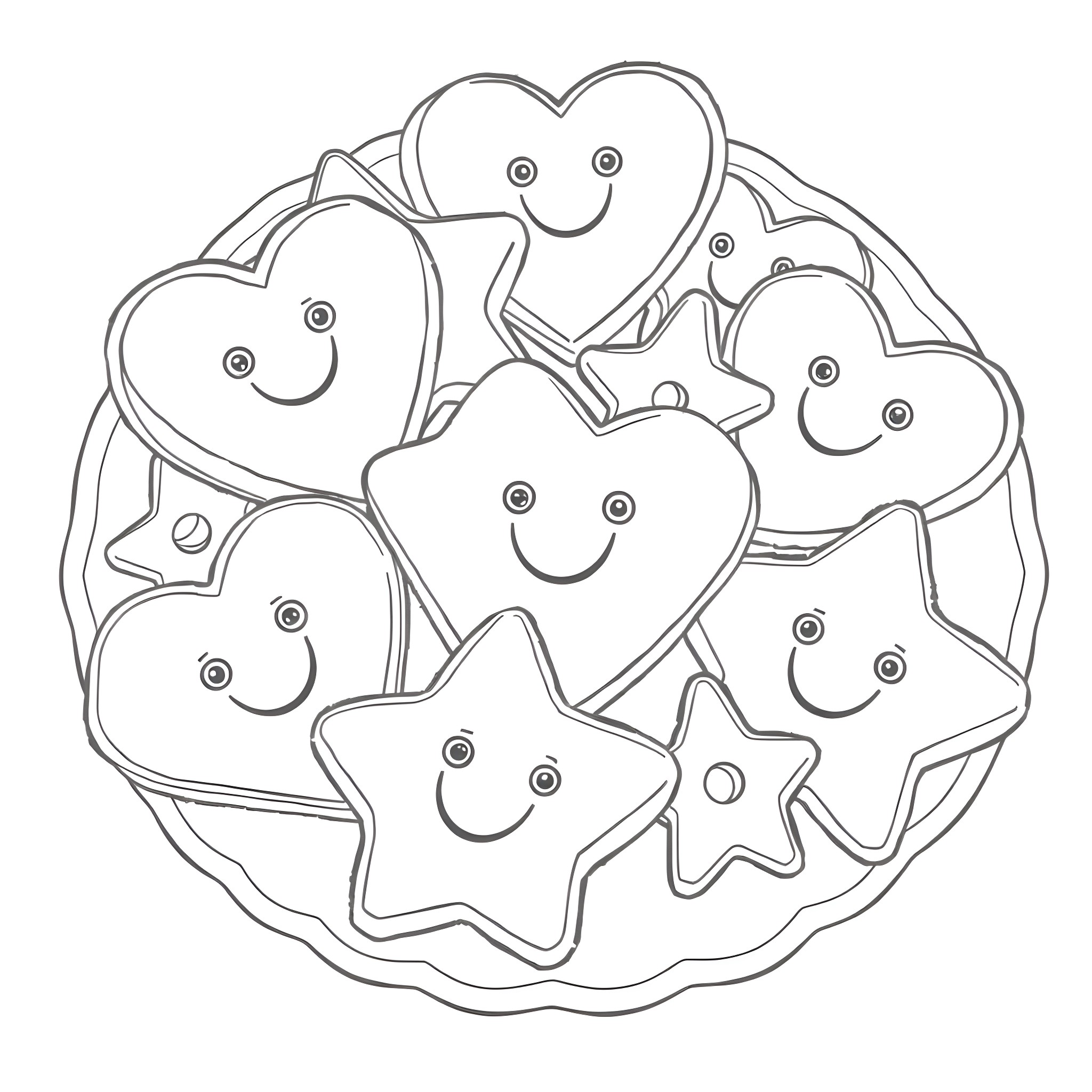 Cookie Hearts and Stars Arrangement Coloring Page (free black-and-white line drawing printable PDF for all, from beginners to advanced learners, including children, teens, adults, and seniors)