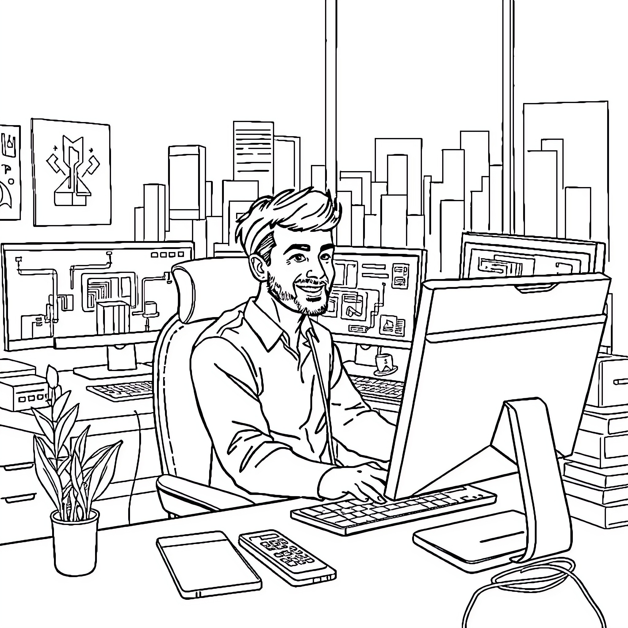 Technologist working diligently in modern office Coloring Page (free black-and-white line drawing printable PDF for all, from beginners to advanced learners, including children, teens, adults, and seniors)