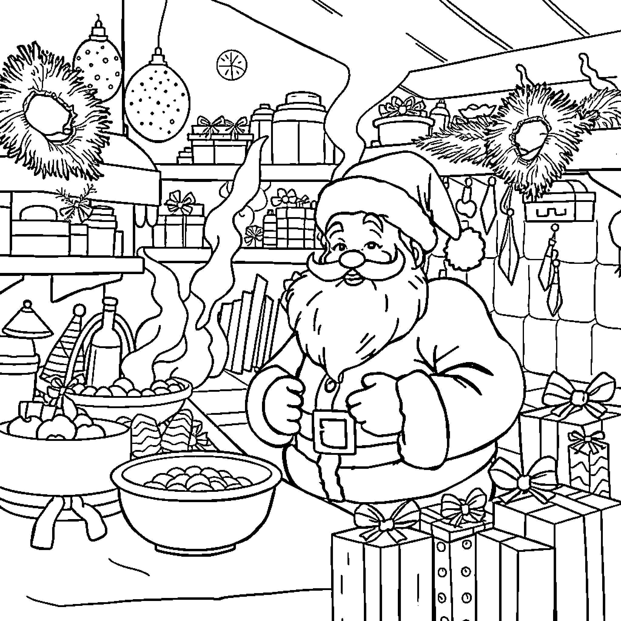 Christmas in a Cozy Workshop Coloring Page (free black-and-white line drawing printable PDF for all, from beginners to advanced learners, including children, teens, adults, and seniors)