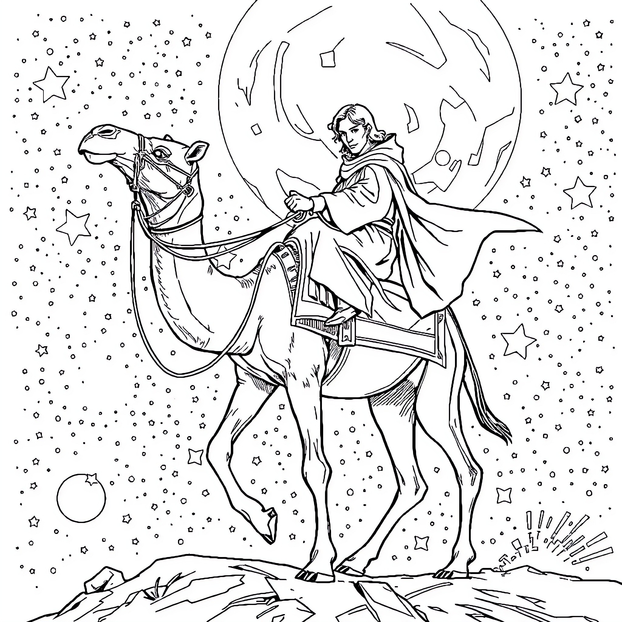 Anakin Skywalker riding a camel through a starry night Coloring Page (free black-and-white line drawing printable PDF for all, from beginners to advanced learners, including children, teens, adults, and seniors)