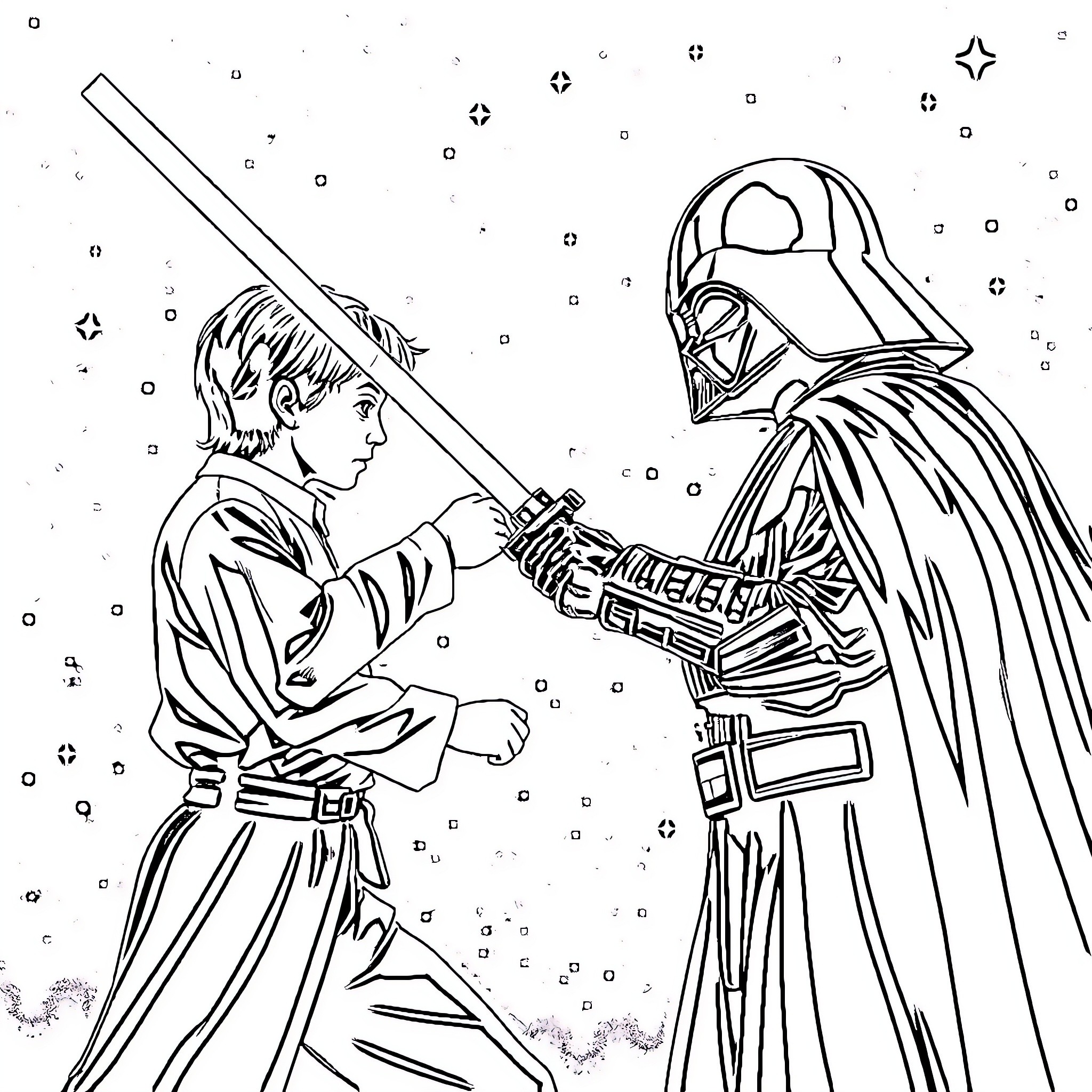 Star Wars: Luke Skywalker faces Darth Vader in epic lightsaber duel Coloring Page (free black-and-white line drawing printable PDF for all, from beginners to advanced learners, including children, teens, adults, and seniors)