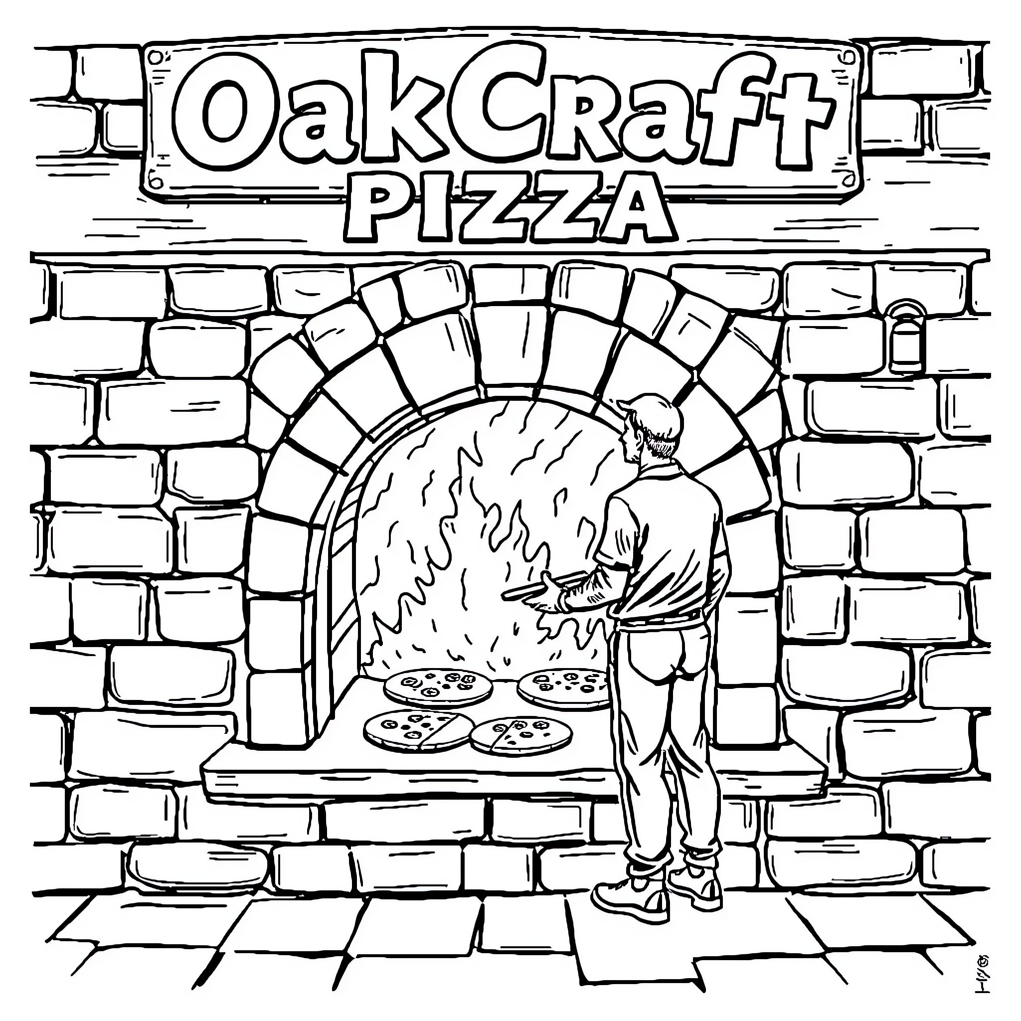 Man working in a pizza shop with brick oven Coloring Page (free black-and-white line drawing printable PDF for all, from beginners to advanced learners, including children, teens, adults, and seniors)