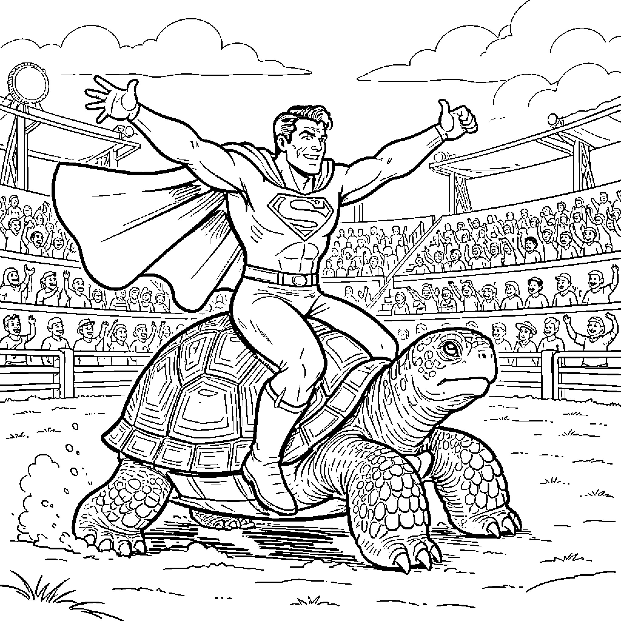 Superman riding a large tortoise with arms outstretched Coloring Page (free black-and-white line drawing printable PDF for all, from beginners to advanced learners, including children, teens, adults, and seniors)