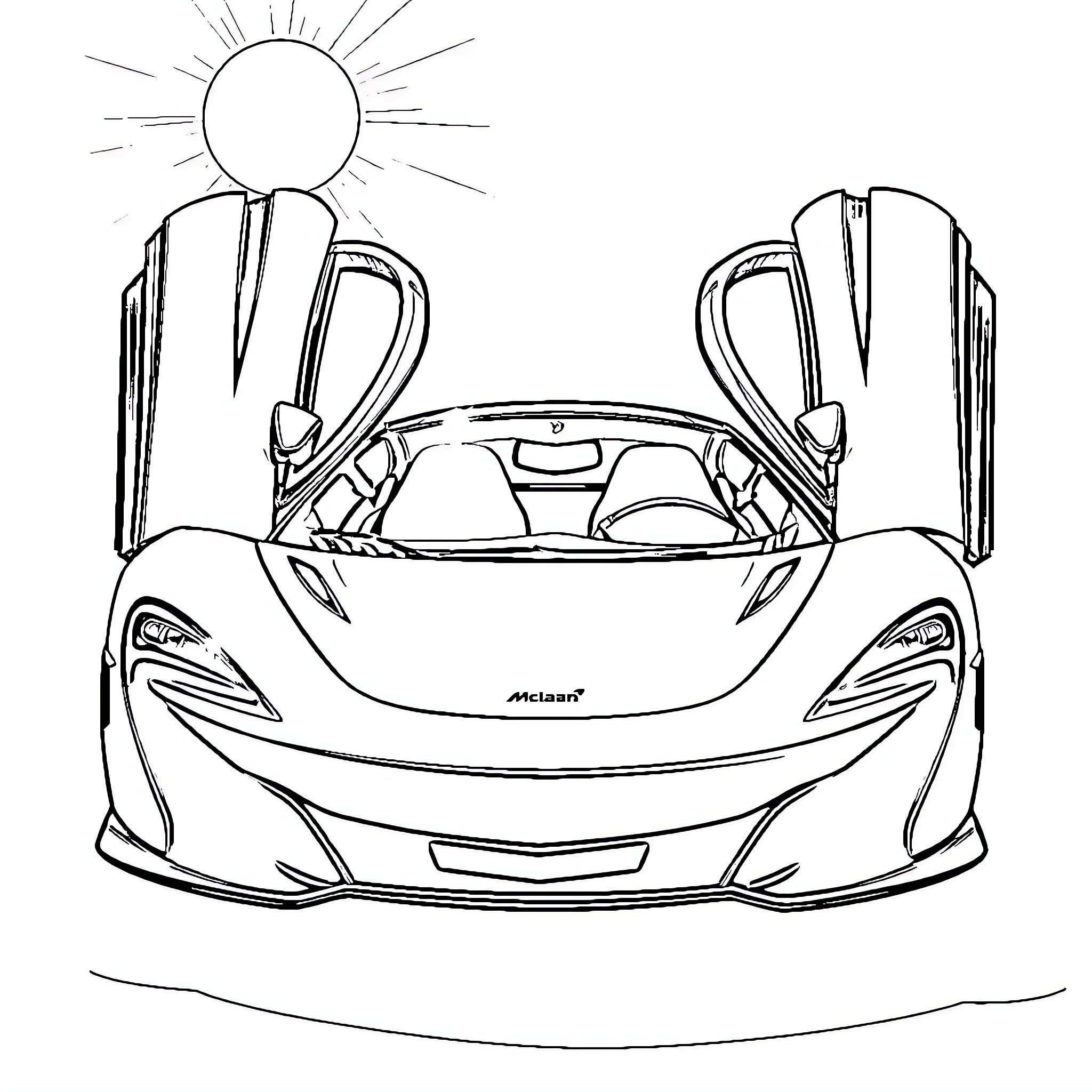 McLaren supercar with gull-wing doors and sun rays Coloring Page (free black-and-white line drawing printable PDF for all, from beginners to advanced learners, including children, teens, adults, and seniors)