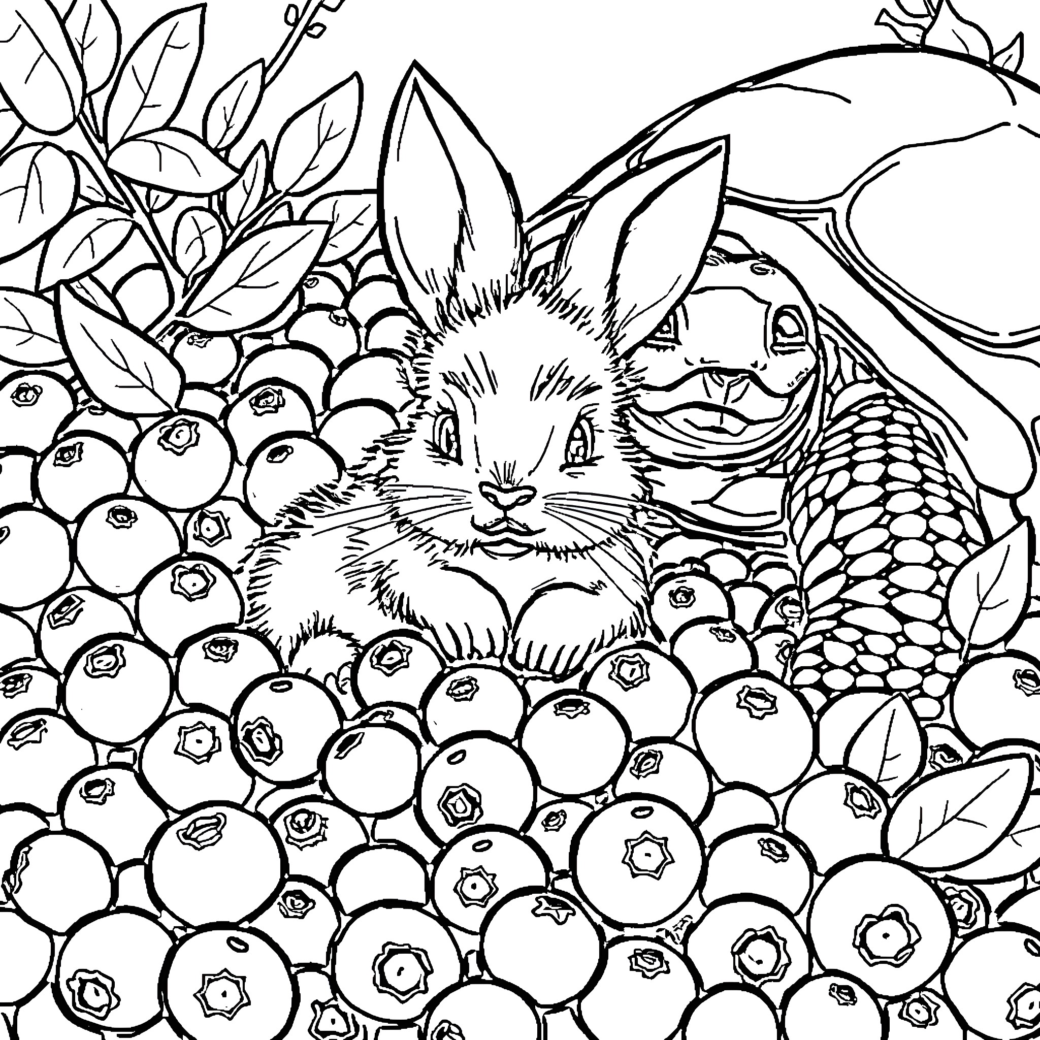 Rabbit enjoying nature's bounty Coloring Page (free black-and-white line drawing printable PDF for all, from beginners to advanced learners, including children, teens, adults, and seniors)
