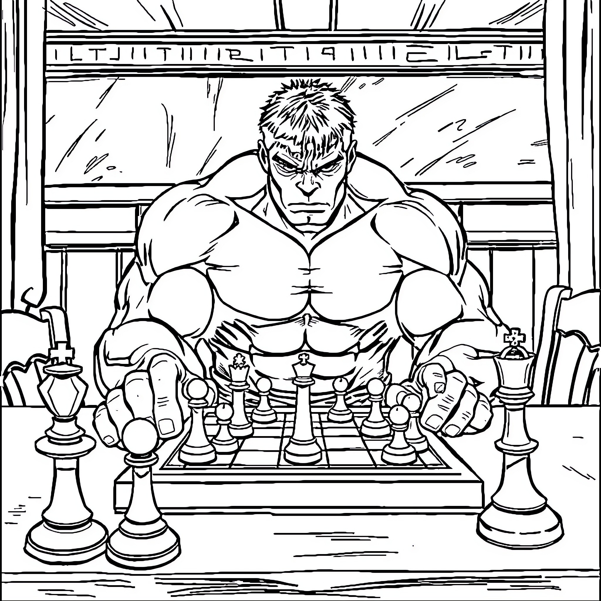 Hulk Playing Intense Chess Match Coloring Page (free black-and-white line drawing printable PDF for all, from beginners to advanced learners, including children, teens, adults, and seniors)