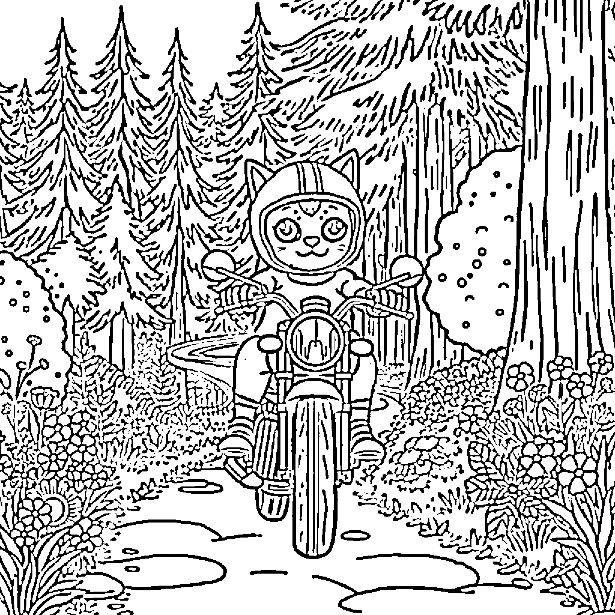 Cat on motorcycle exploring forest landscape Coloring Page (free black-and-white line drawing printable PDF for all, from beginners to advanced learners, including children, teens, adults, and seniors)
