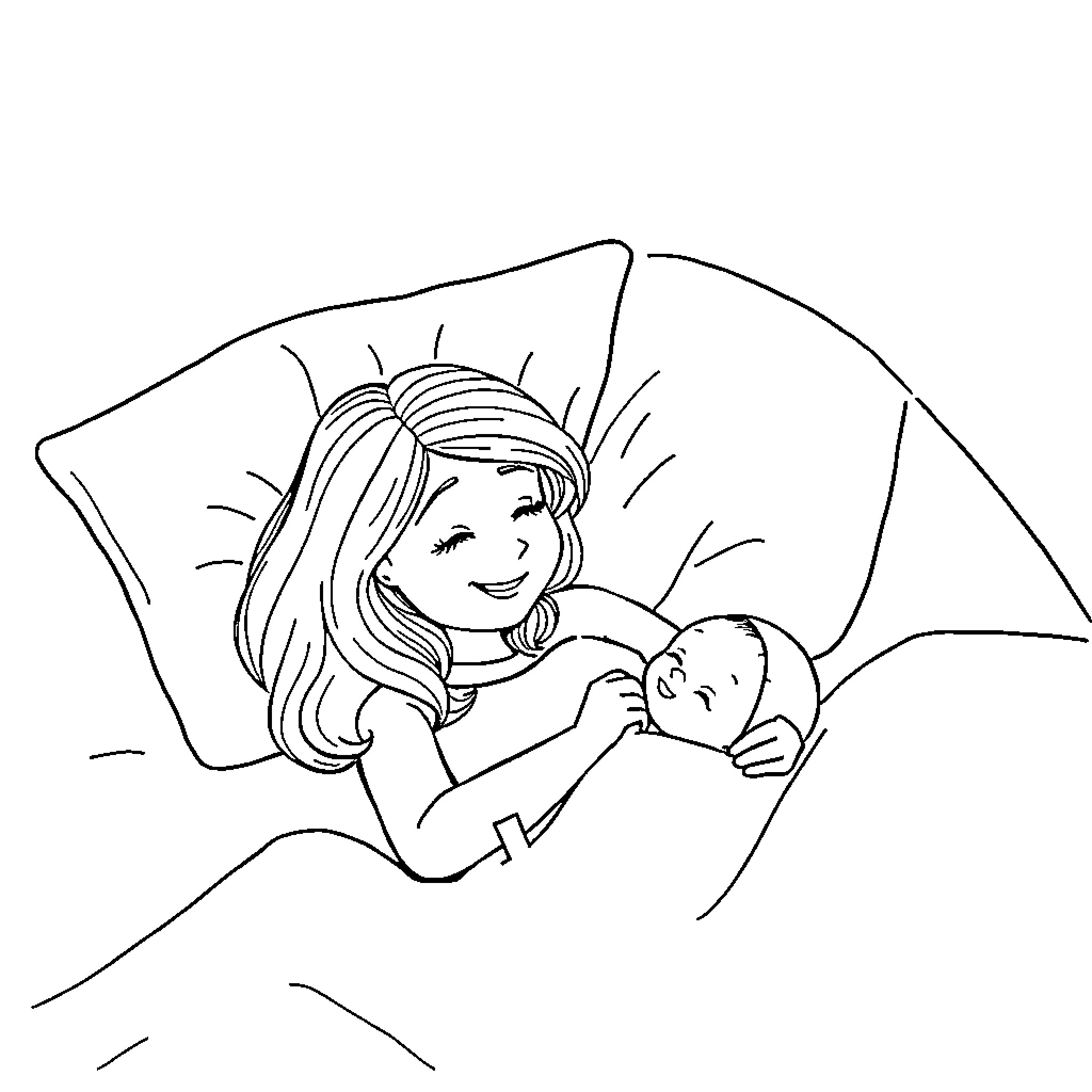 Mommy comforting and caring for her baby Coloring Page (free black-and-white line drawing printable PDF for all, from beginners to advanced learners, including children, teens, adults, and seniors)