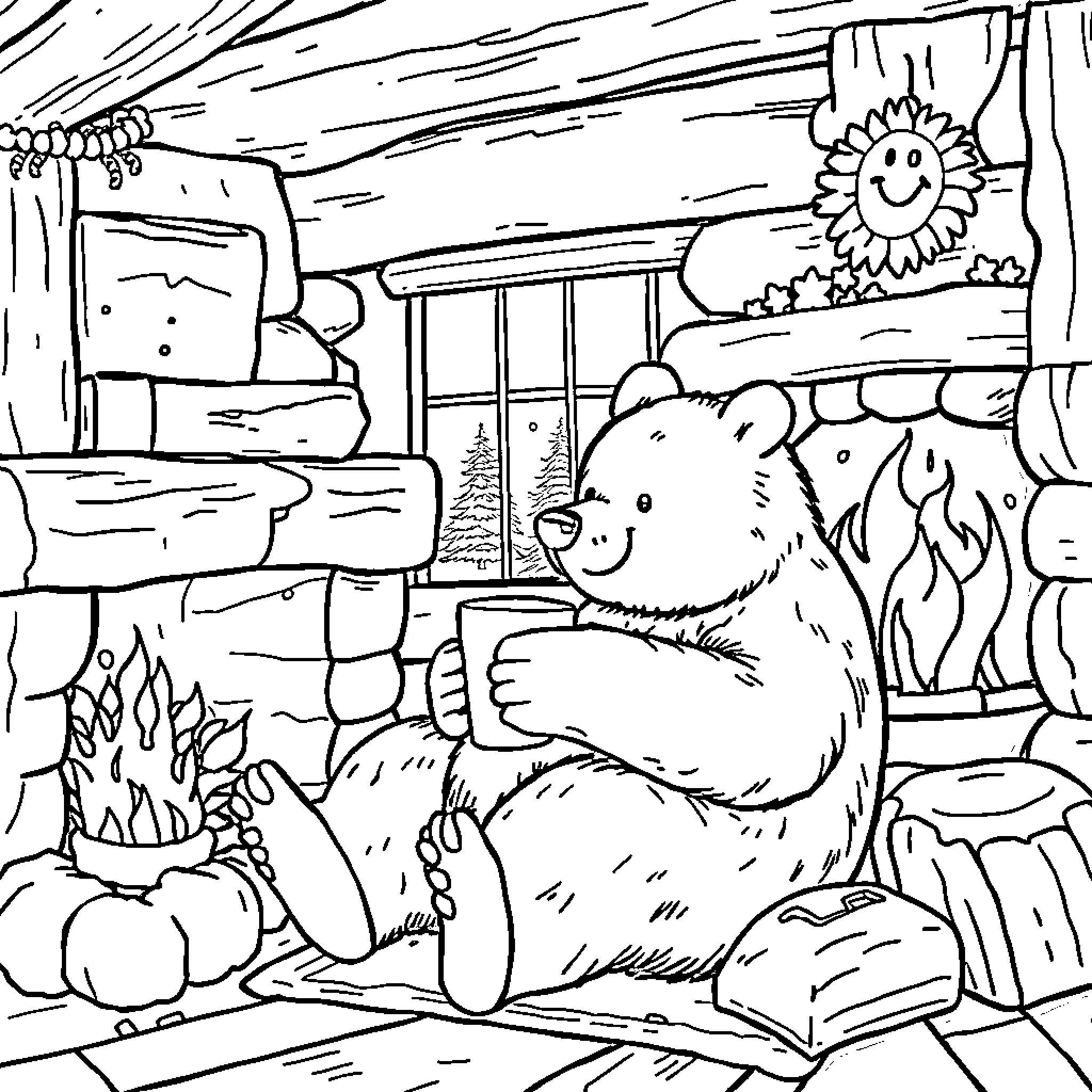 Bear relaxing by the campfire in the woods Coloring Page (free black-and-white line drawing printable PDF for all, from beginners to advanced learners, including children, teens, adults, and seniors)