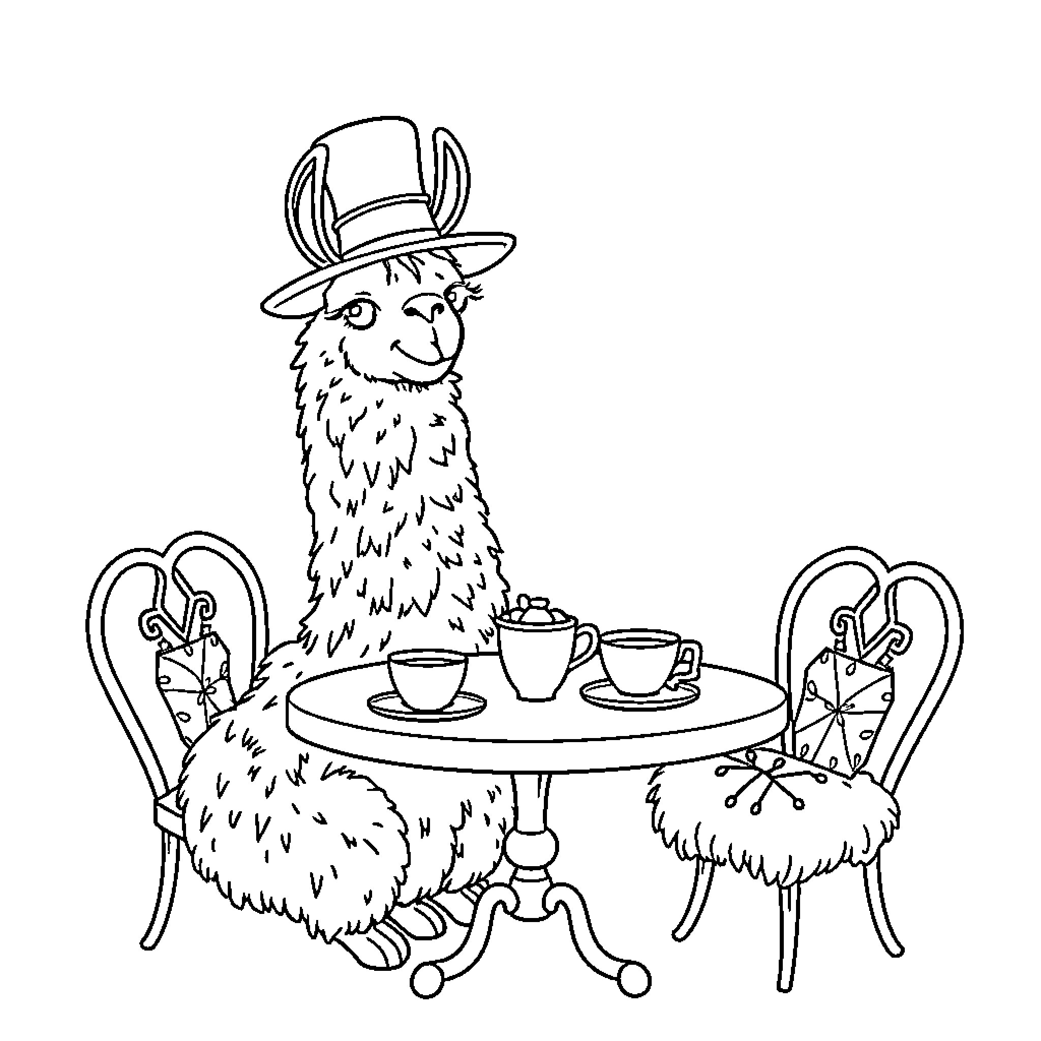 Llama enjoying tea time with fancy outfit Coloring Page (free black-and-white line drawing printable PDF for all, from beginners to advanced learners, including children, teens, adults, and seniors)