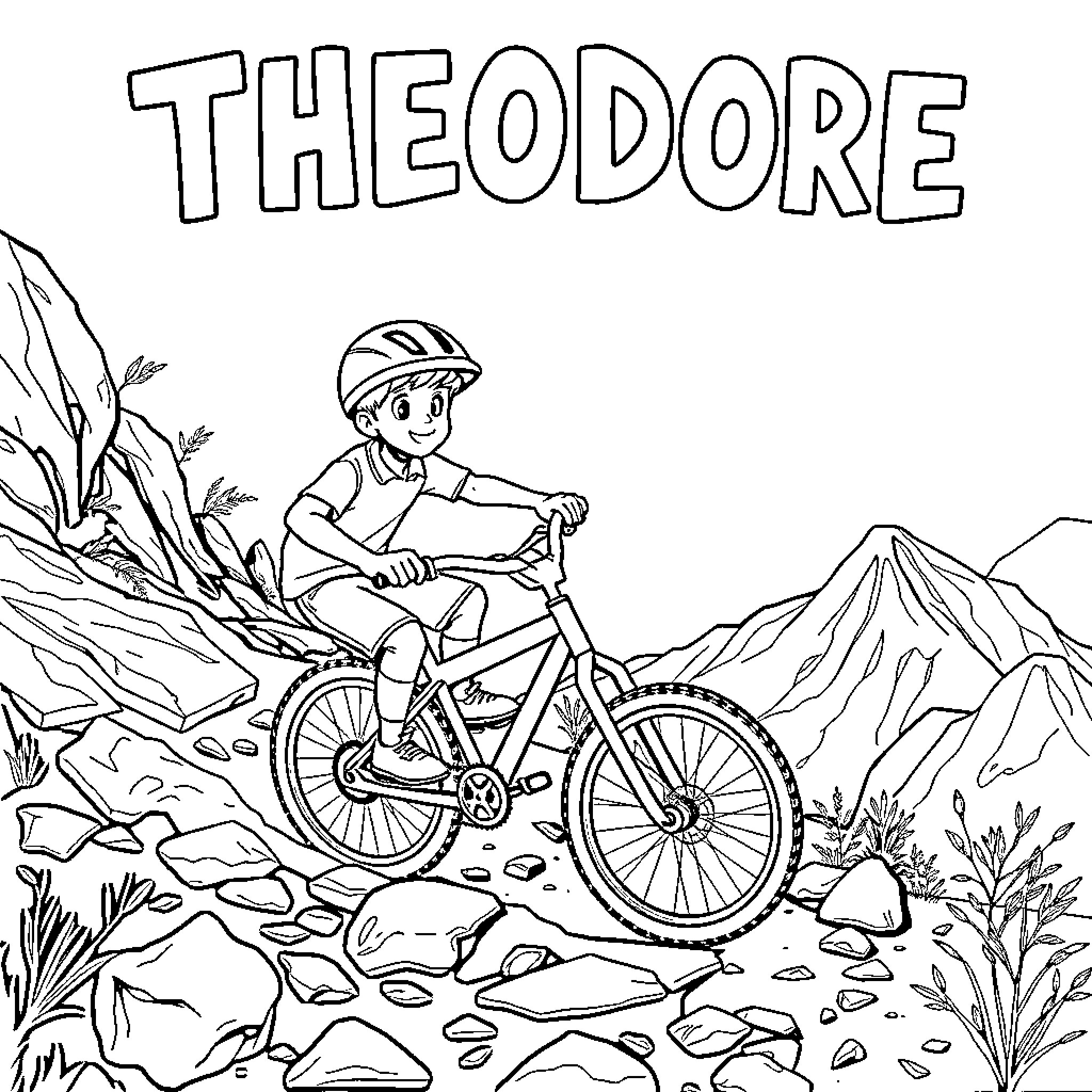Boy cycling through mountain terrain Coloring Page (free black-and-white line drawing printable PDF for all, from beginners to advanced learners, including children, teens, adults, and seniors)
