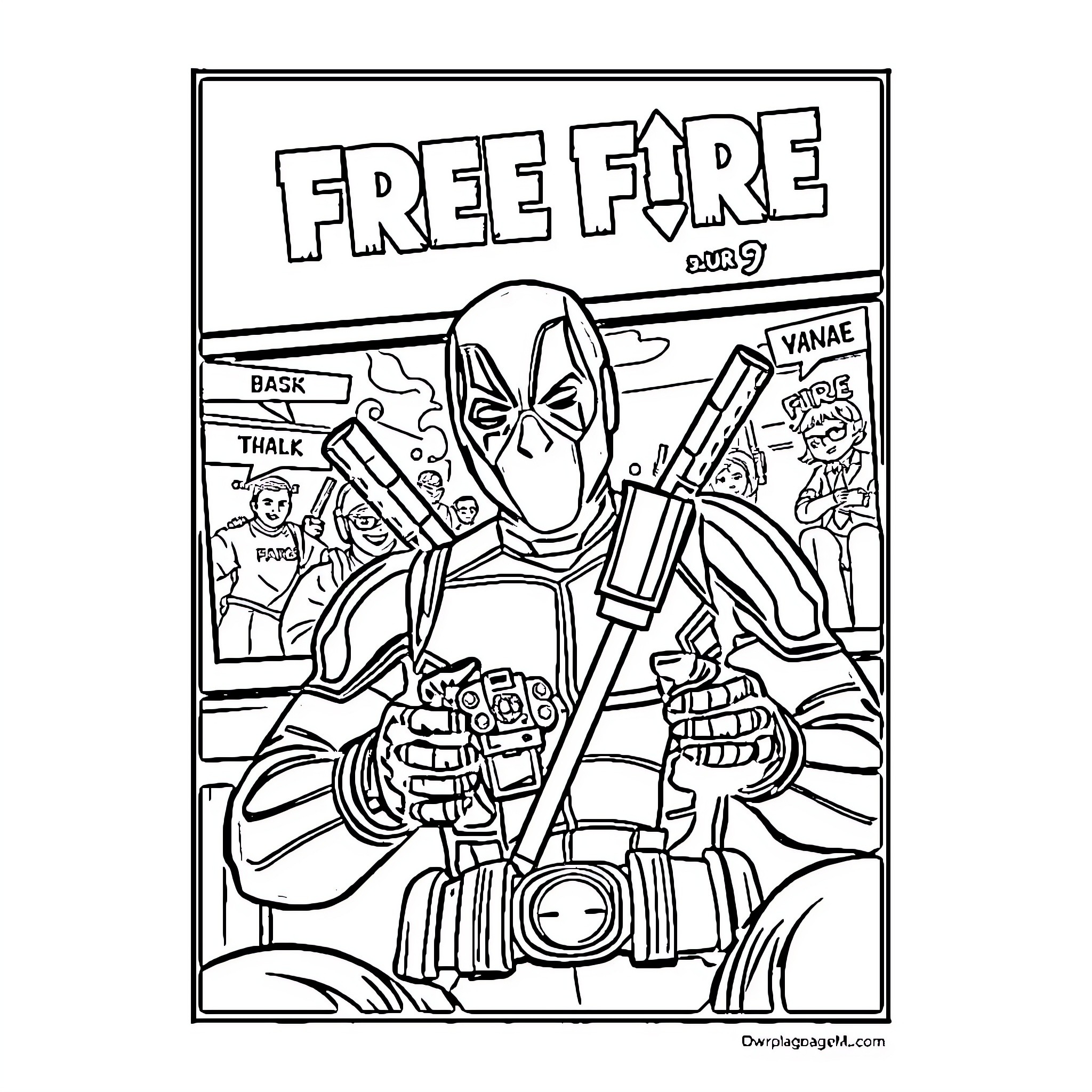 Deadpool's Explosive Adventure Coloring Page (free black-and-white line drawing printable PDF for all, from beginners to advanced learners, including children, teens, adults, and seniors)