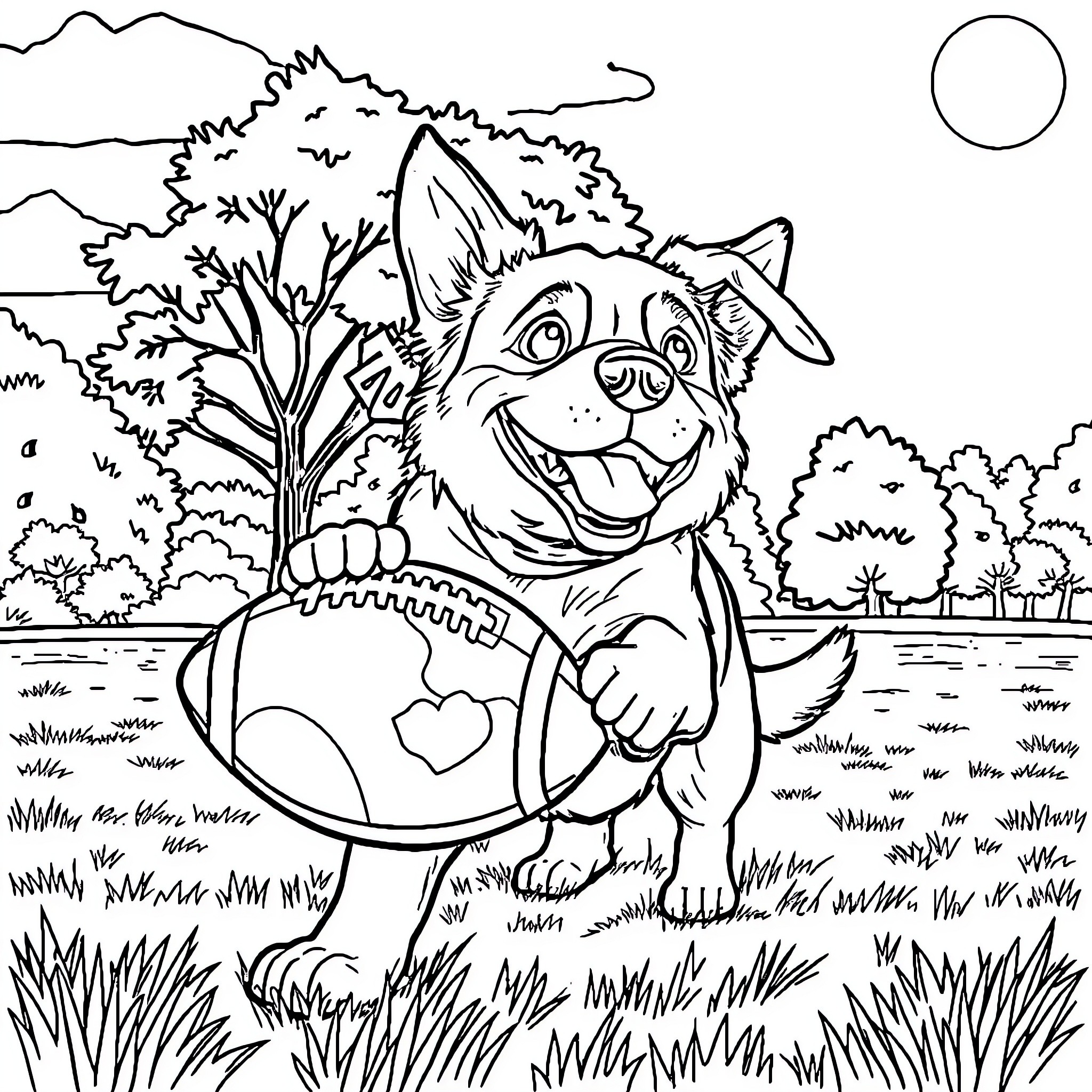 Dog playing with football in the park Coloring Page (free black-and-white line drawing printable PDF for all, from beginners to advanced learners, including children, teens, adults, and seniors)