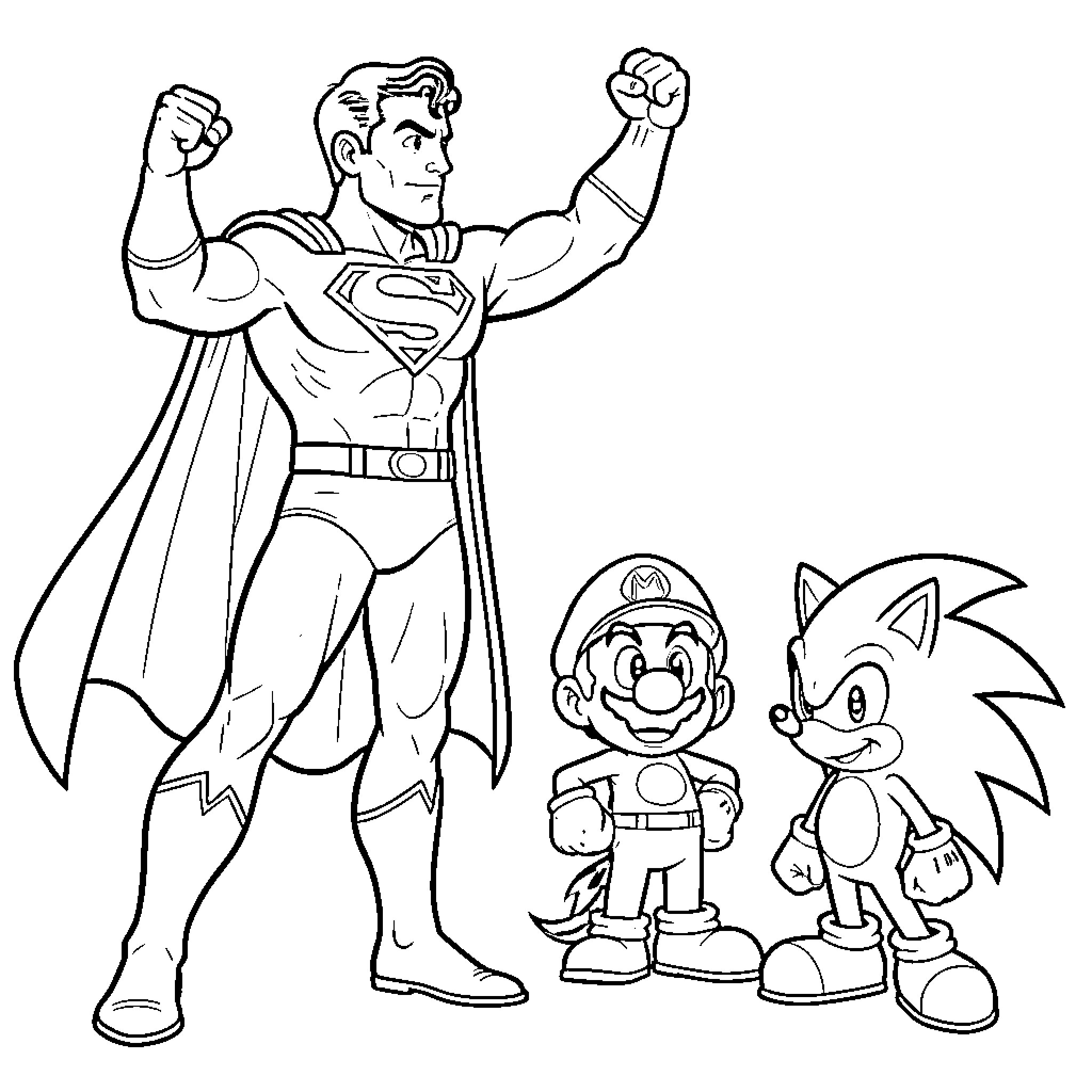 Superman posing heroically alongside Mario and Sonic Coloring Page (free black-and-white line drawing printable PDF for all, from beginners to advanced learners, including children, teens, adults, and seniors)