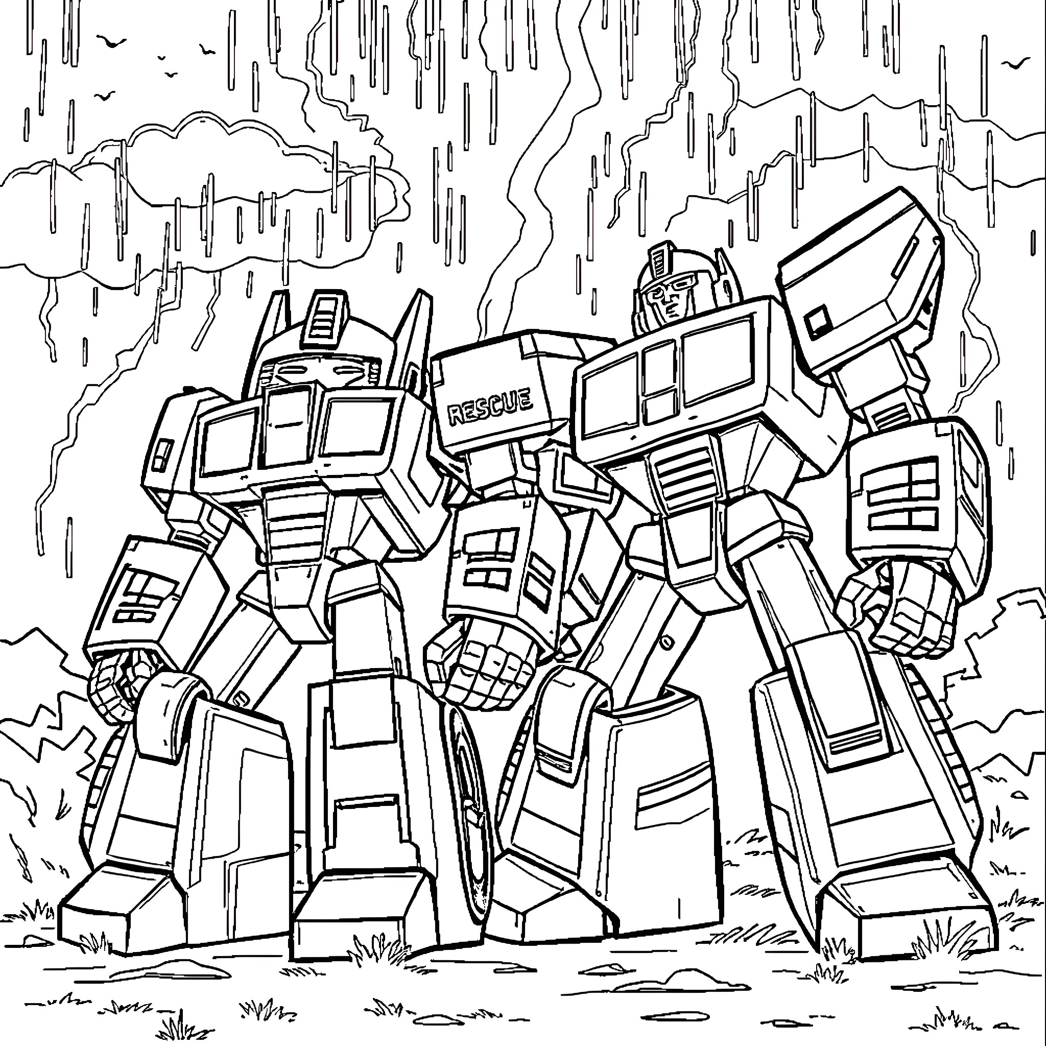 Rescue Bot Transformers in Action During Storm Coloring Page (free black-and-white line drawing printable PDF for all, from beginners to advanced learners, including children, teens, adults, and seniors)