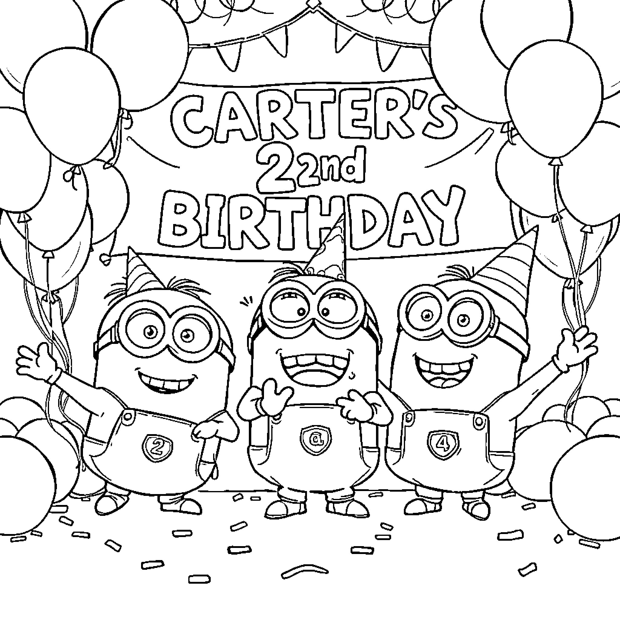 Minions celebrating Carter's 22nd birthday Coloring Page (free black-and-white line drawing printable PDF for all, from beginners to advanced learners, including children, teens, adults, and seniors)