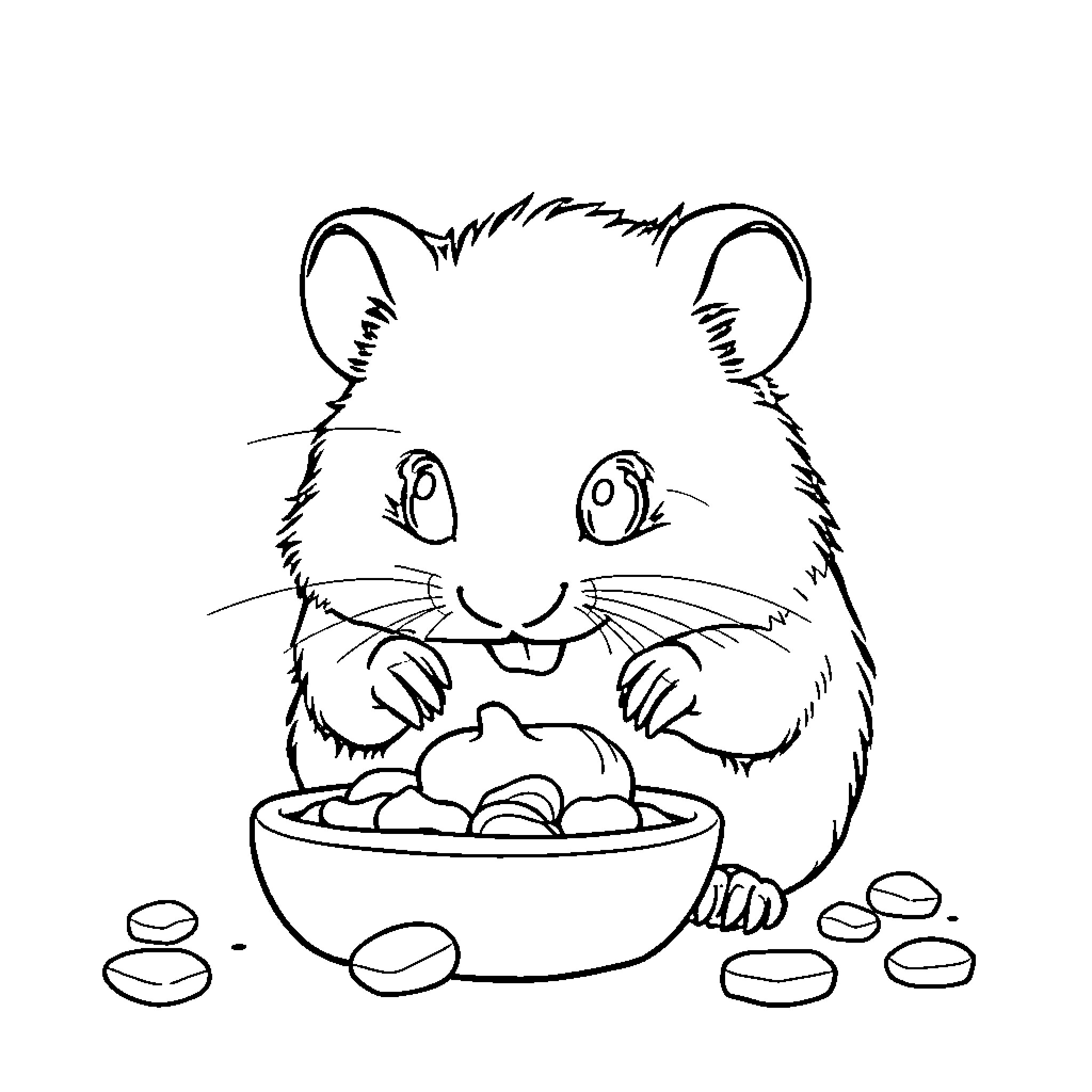 Hamster enjoying a snack from a bowl Coloring Page (free black-and-white line drawing printable PDF for all, from beginners to advanced learners, including children, teens, adults, and seniors)