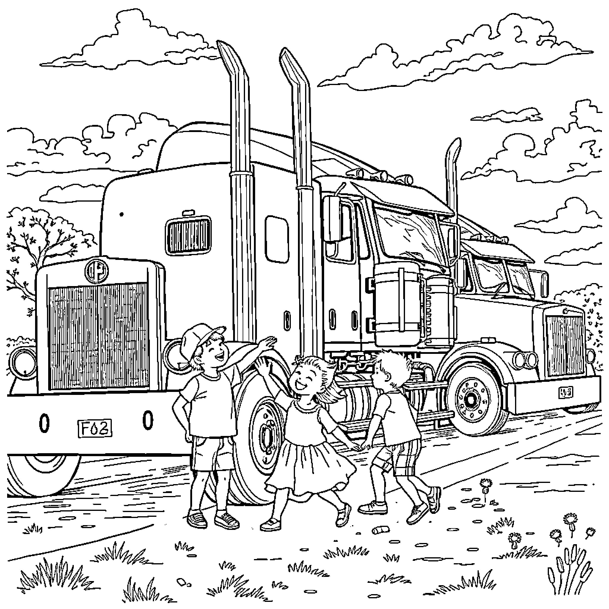 Truck transporting children on the road Coloring Page (free black-and-white line drawing printable PDF for all, from beginners to advanced learners, including children, teens, adults, and seniors)