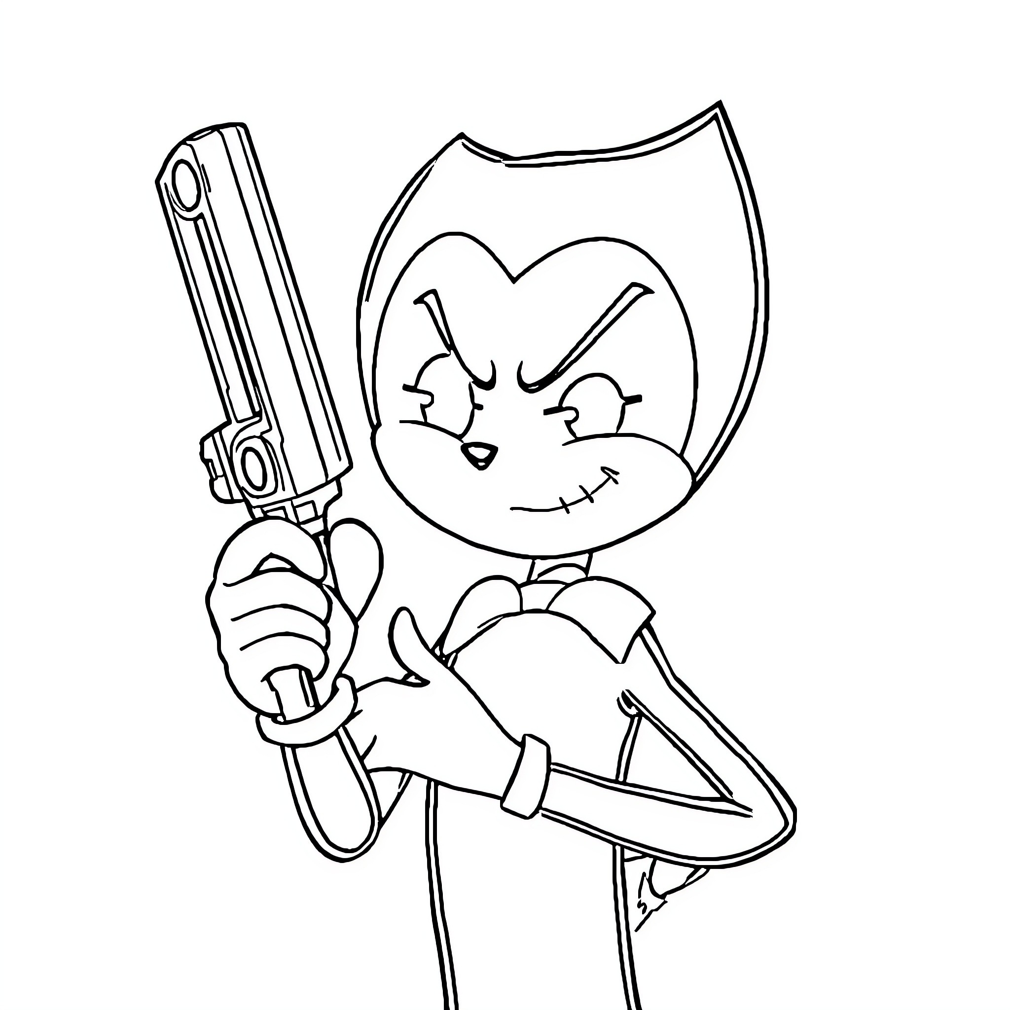 Bendy character wielding a blaster Coloring Page (free black-and-white line drawing printable PDF for all, from beginners to advanced learners, including children, teens, adults, and seniors)