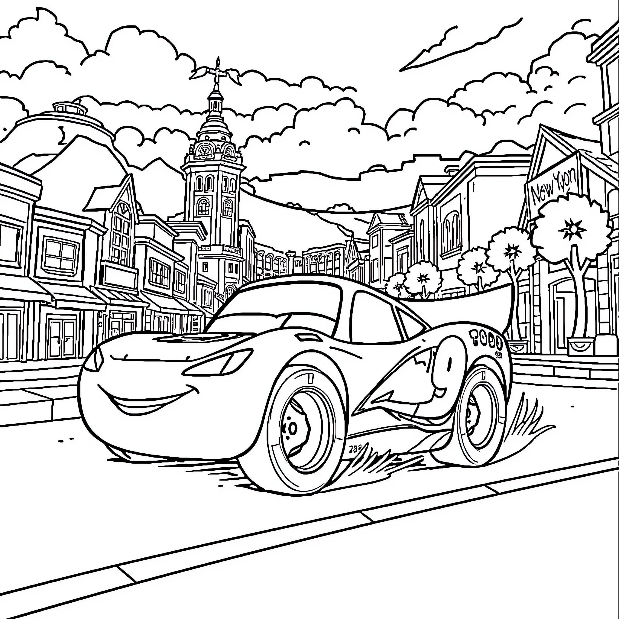 Lightning McQueen racing through a city landscape Coloring Page (free black-and-white line drawing printable PDF for all, from beginners to advanced learners, including children, teens, adults, and seniors)