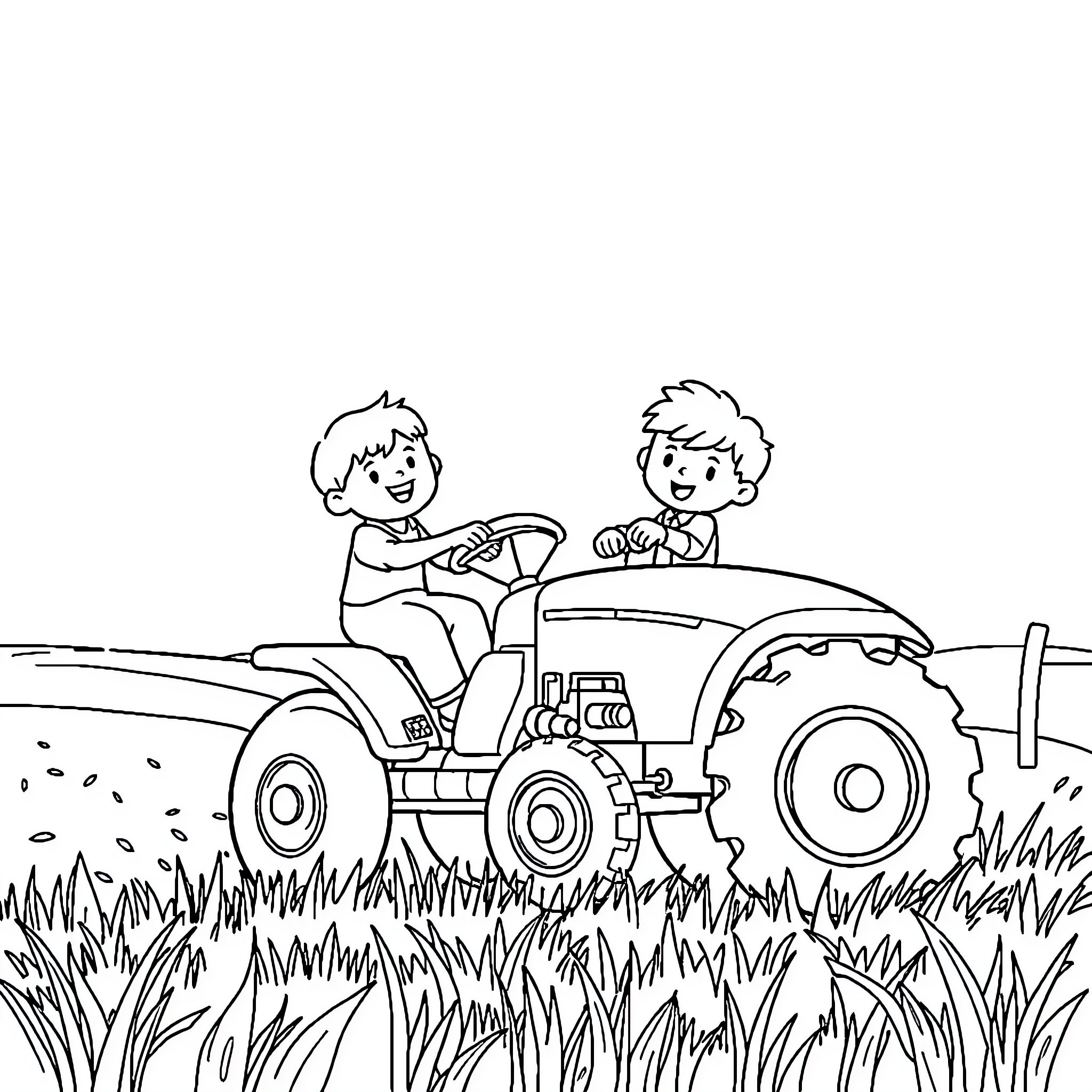 Garçon driving tractor with friend on farm Coloring Page (free black-and-white line drawing printable PDF for all, from beginners to advanced learners, including children, teens, adults, and seniors)
