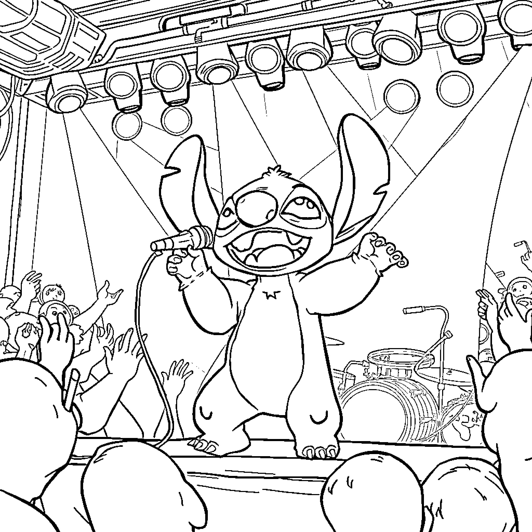 Stitch Performing on Stage Coloring Page (free black-and-white line drawing printable PDF for all, from beginners to advanced learners, including children, teens, adults, and seniors)