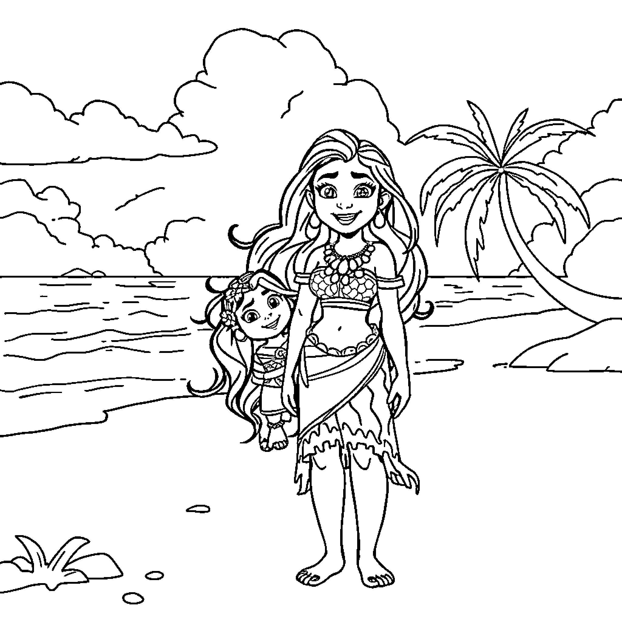 Moana exploring tropical paradise with pet Coloring Page (free black-and-white line drawing printable PDF for all, from beginners to advanced learners, including children, teens, adults, and seniors)
