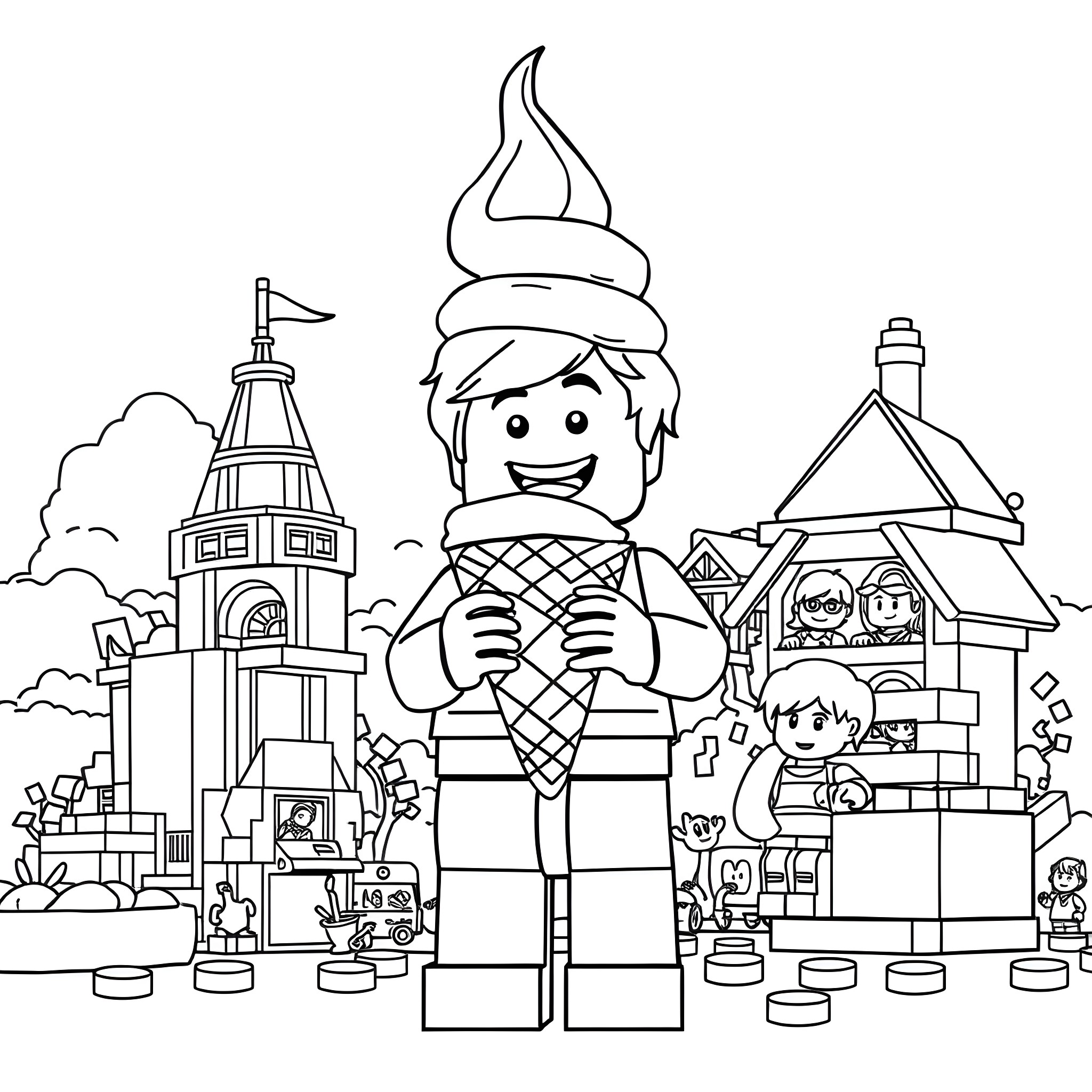 Matteo enjoys playing with toys in a colorful town Coloring Page (free black-and-white line drawing printable PDF for all, from beginners to advanced learners, including children, teens, adults, and seniors)