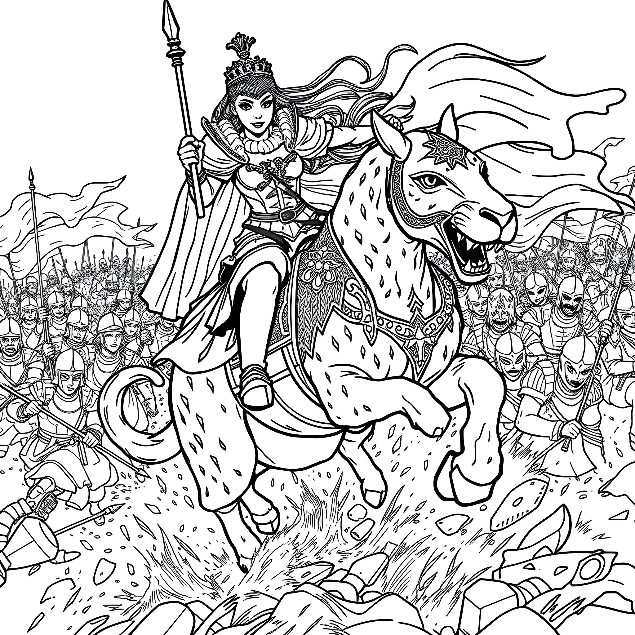 Princess riding a fierce leopard leading an army Coloring Page (free black-and-white line drawing printable PDF for all, from beginners to advanced learners, including children, teens, adults, and seniors)