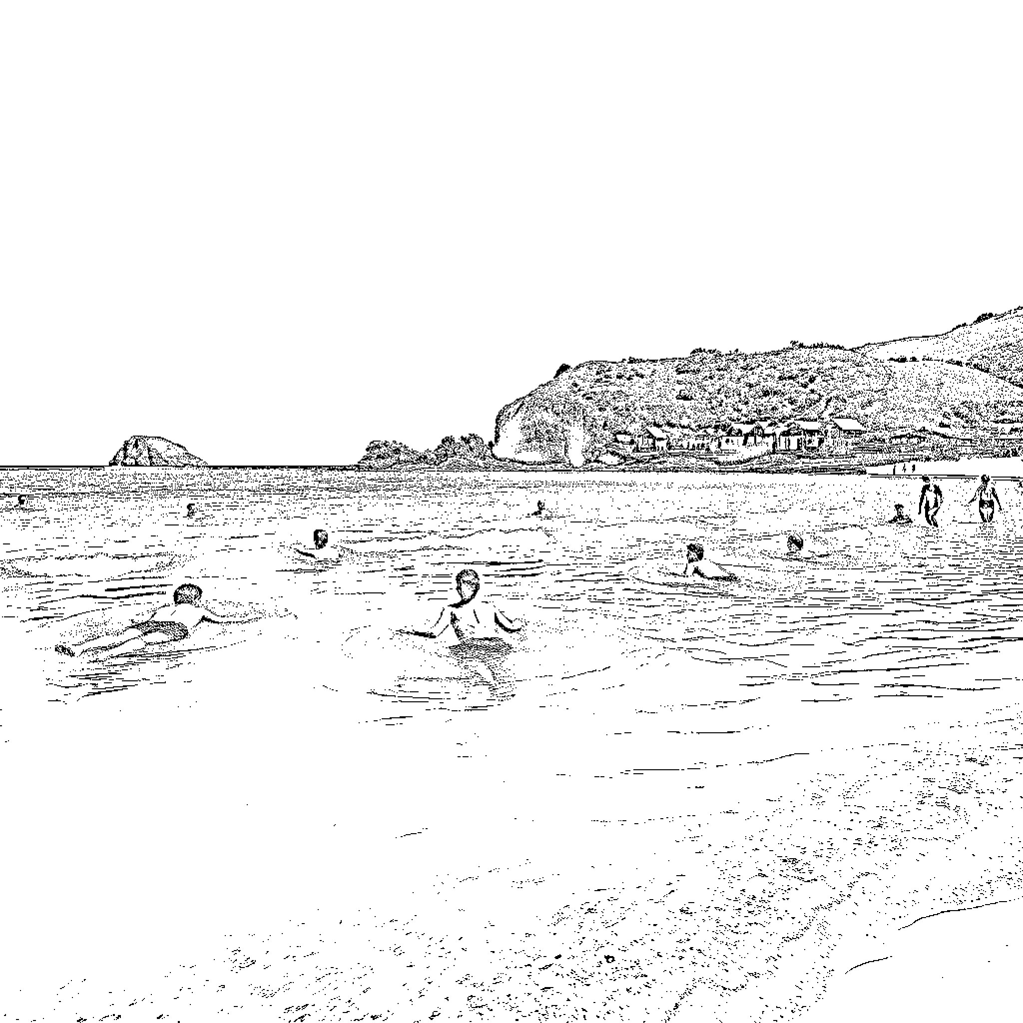 People enjoying a day at the beach Coloring Page (free black-and-white line drawing printable PDF for all, from beginners to advanced learners, including children, teens, adults, and seniors)