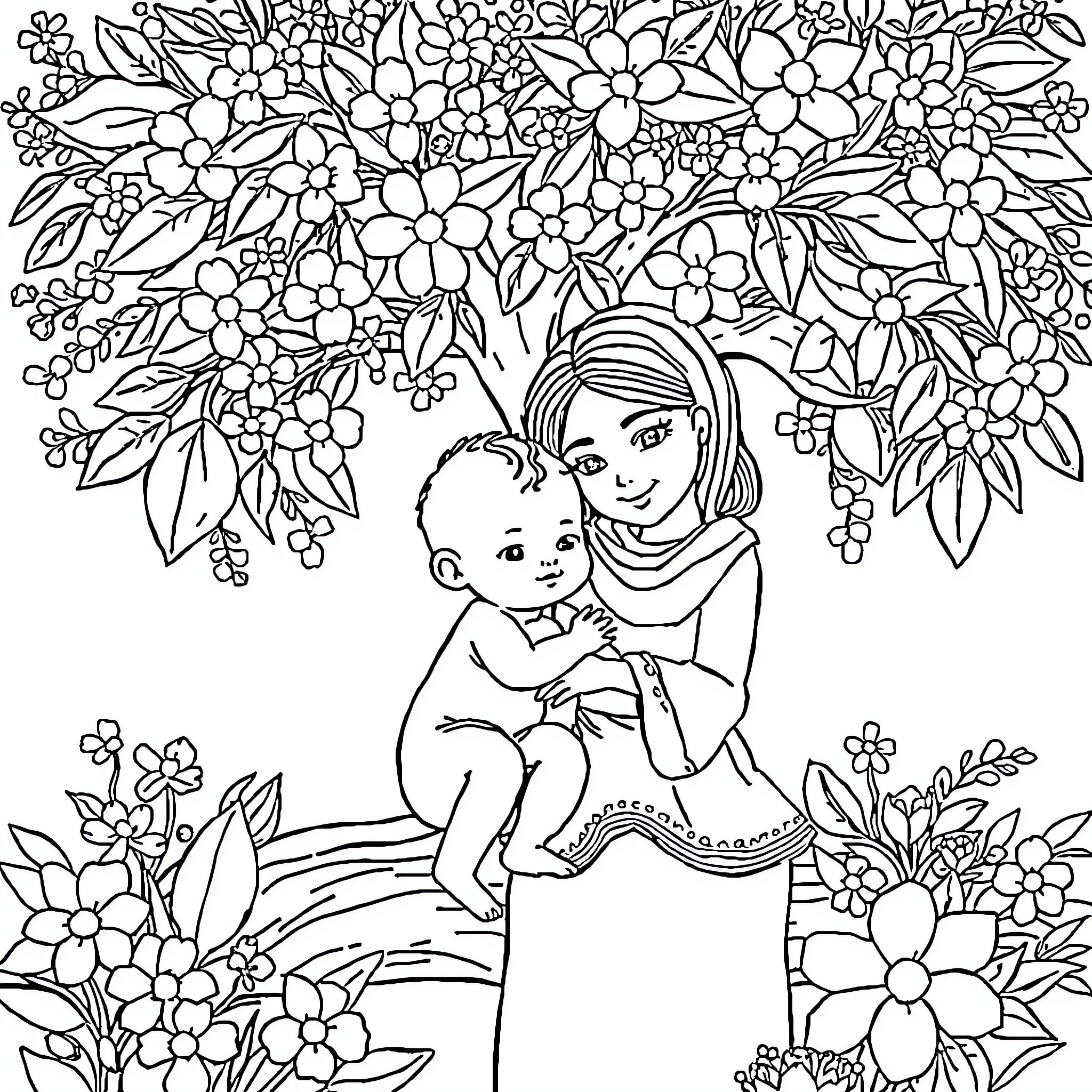 Monkey mother tenderly embracing her baby in a floral garden Coloring Page (free black-and-white line drawing printable PDF for all, from beginners to advanced learners, including children, teens, adults, and seniors)